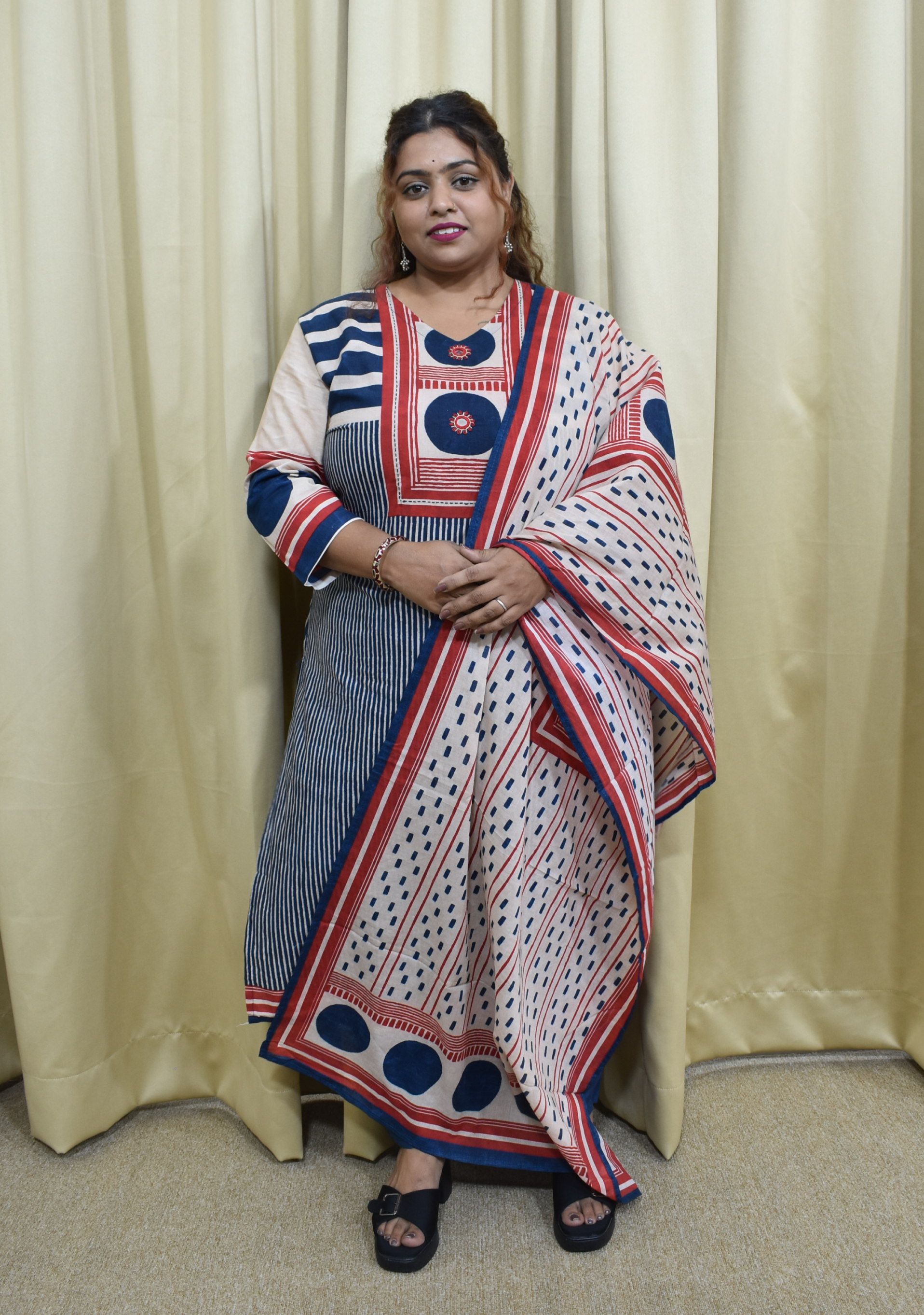 Navy Handcrafted Cotton with dupatta Blue & Red Stripe