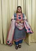 Navy Handcrafted Cotton with dupatta Blue & Red Stripe