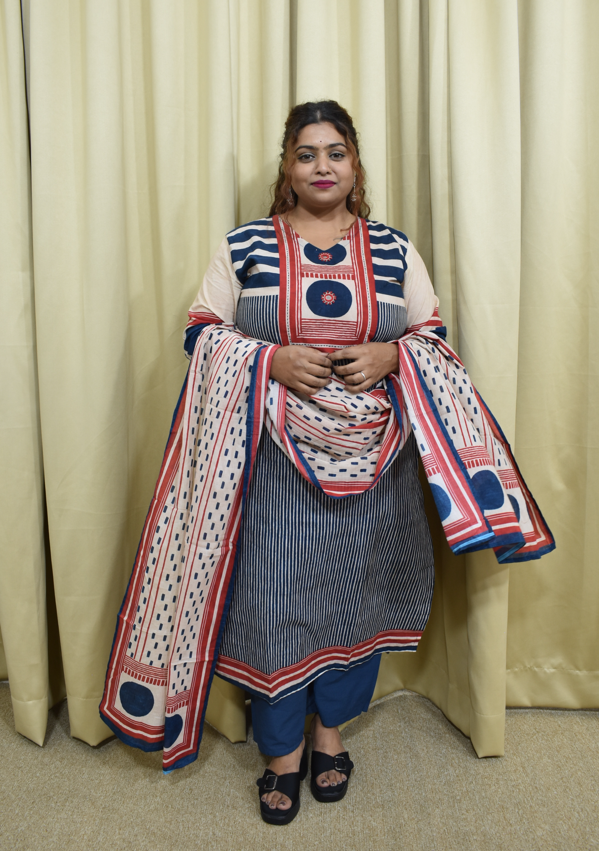 Navy Handcrafted Cotton with dupatta Blue & Red Stripe