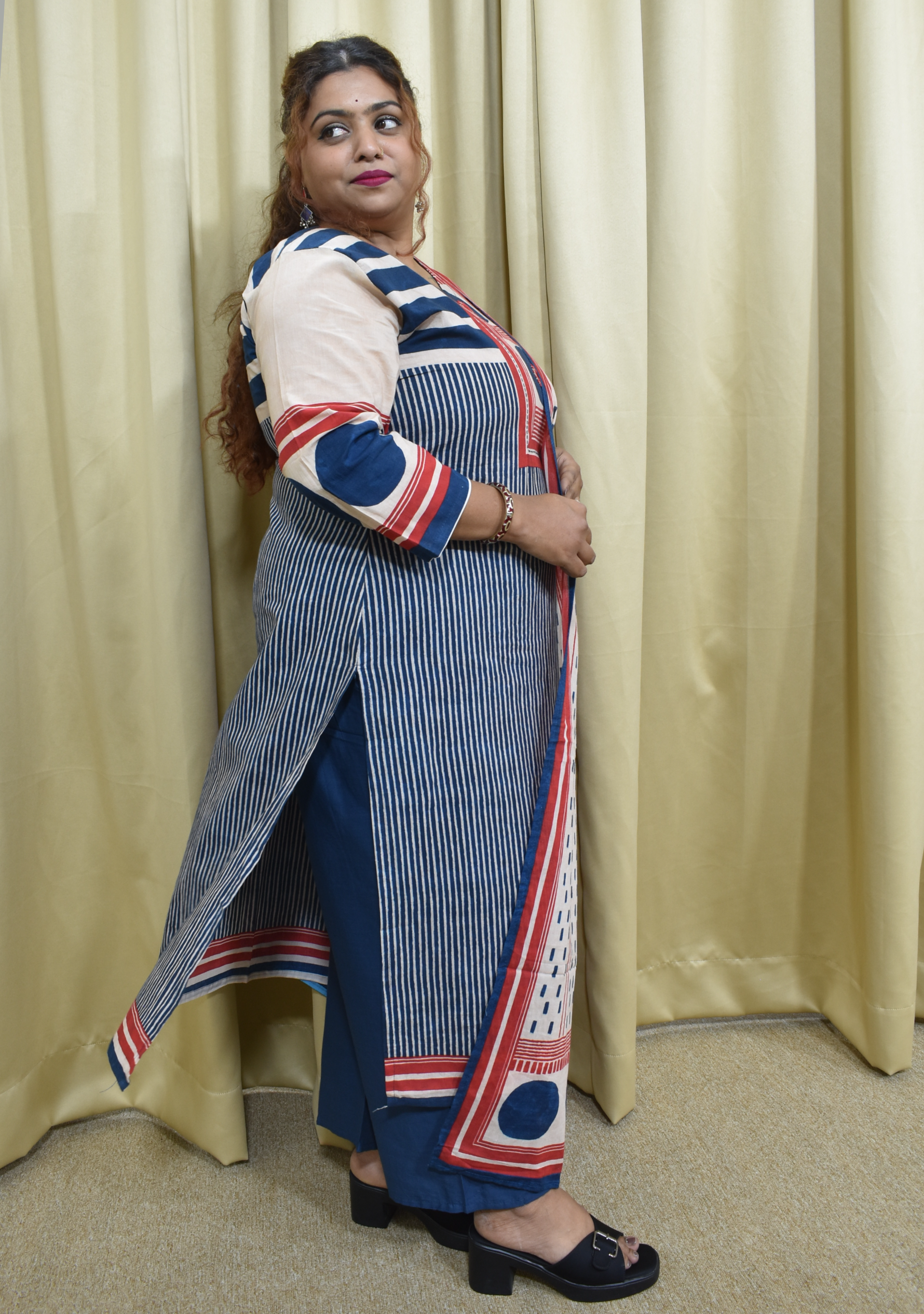 Navy Handcrafted Cotton with dupatta Blue & Red Stripe