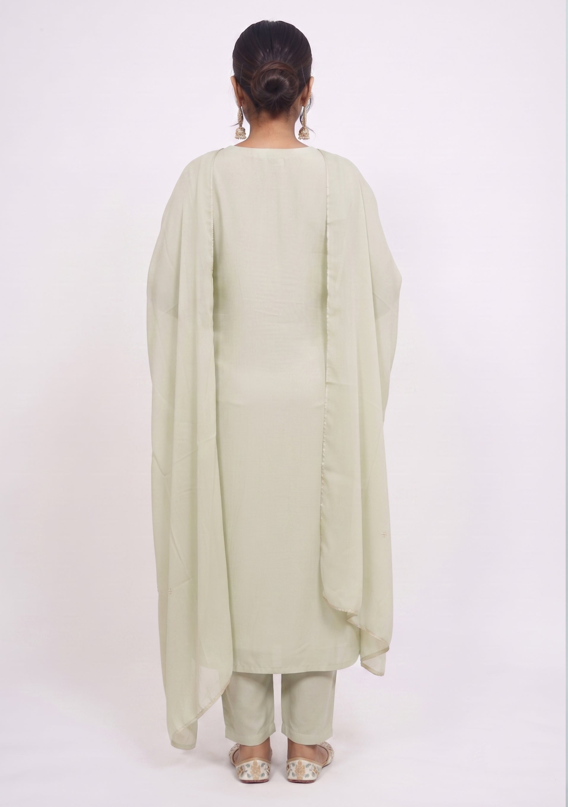Nude Green Silk Handcrafted 3pc Suit Set
