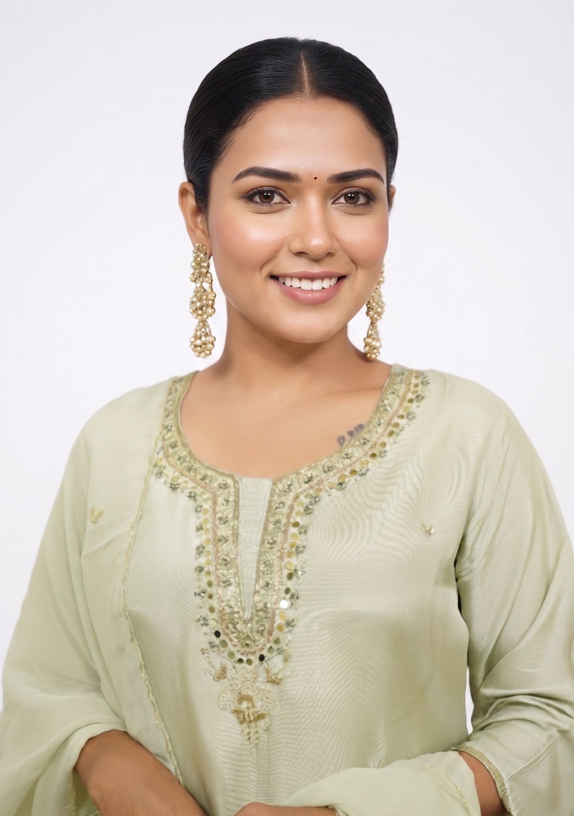 Nude Green Silk Handcrafted 3pc Suit Set