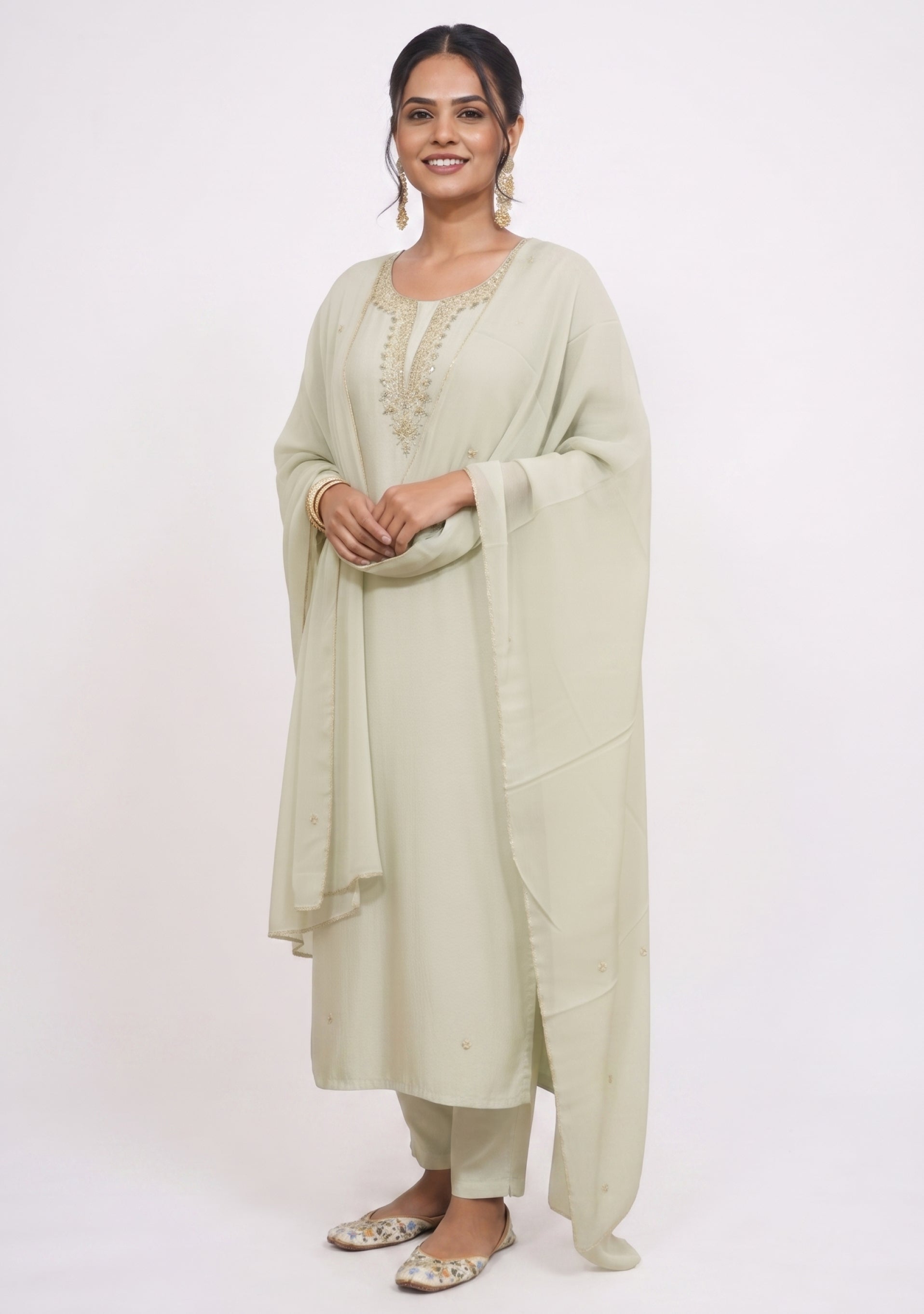Nude Green Silk Handcrafted 3pc Suit Set