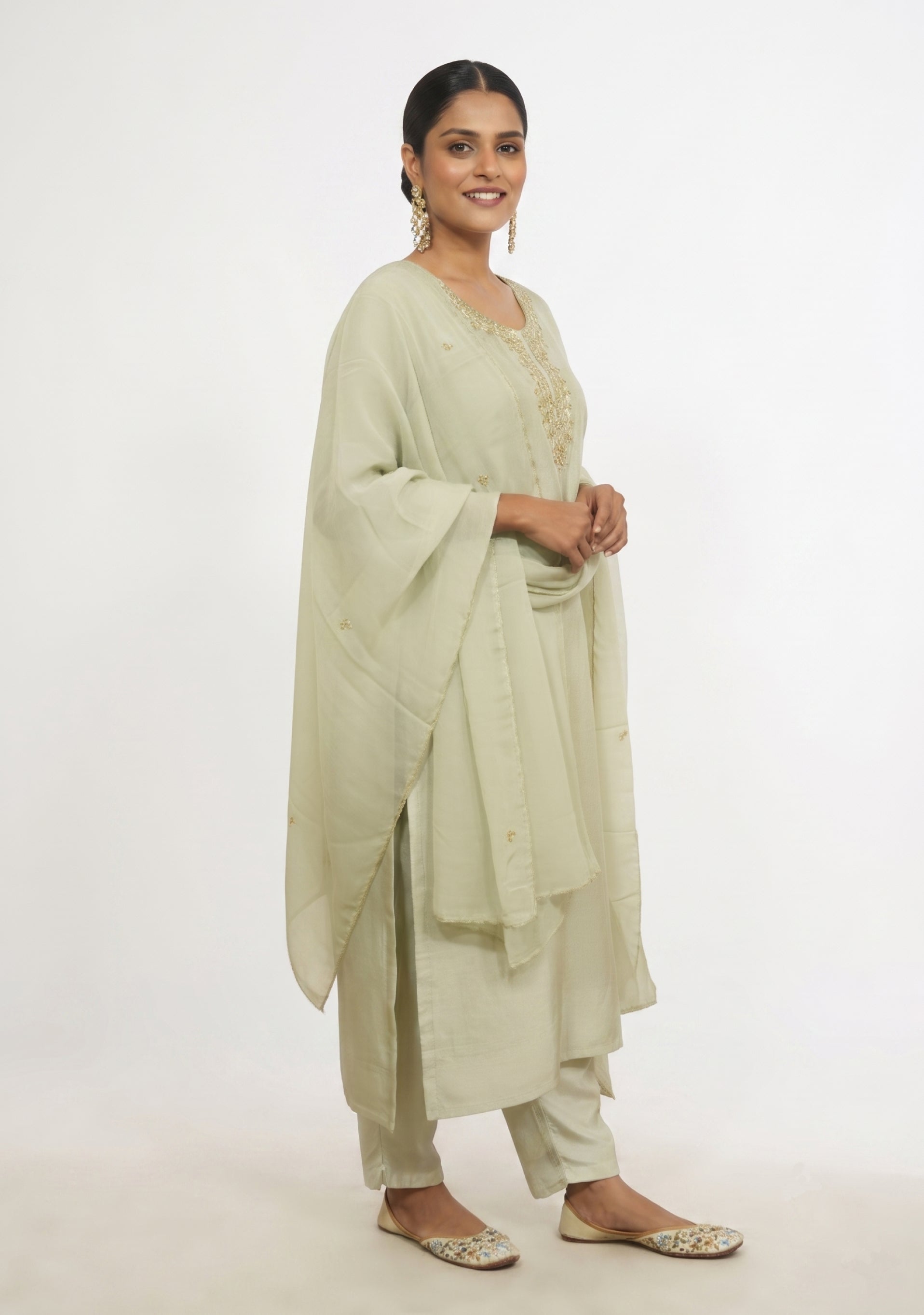 Nude Green Silk Handcrafted 3pc Suit Set