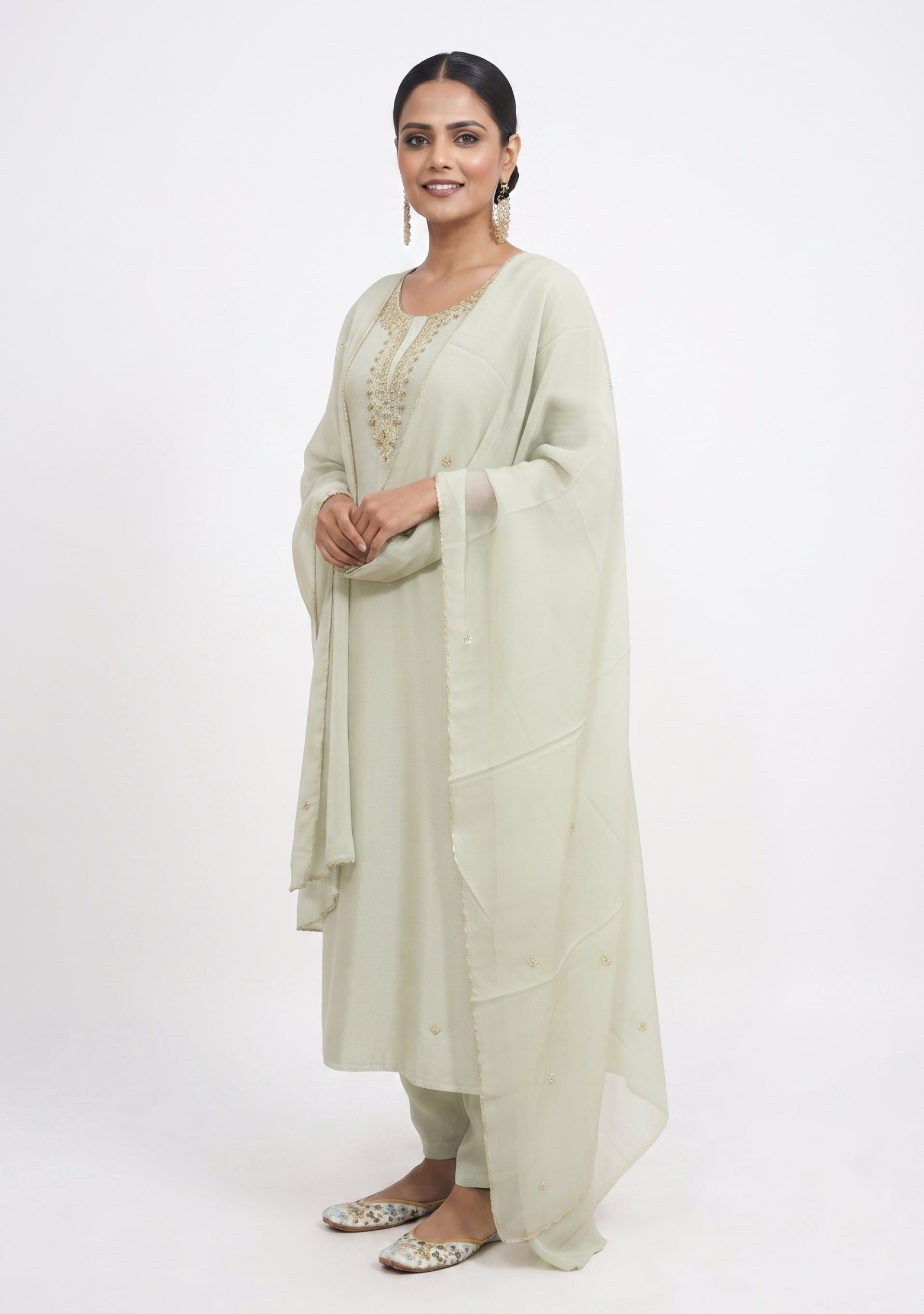 Nude Green Silk Handcrafted 3pc Suit Set