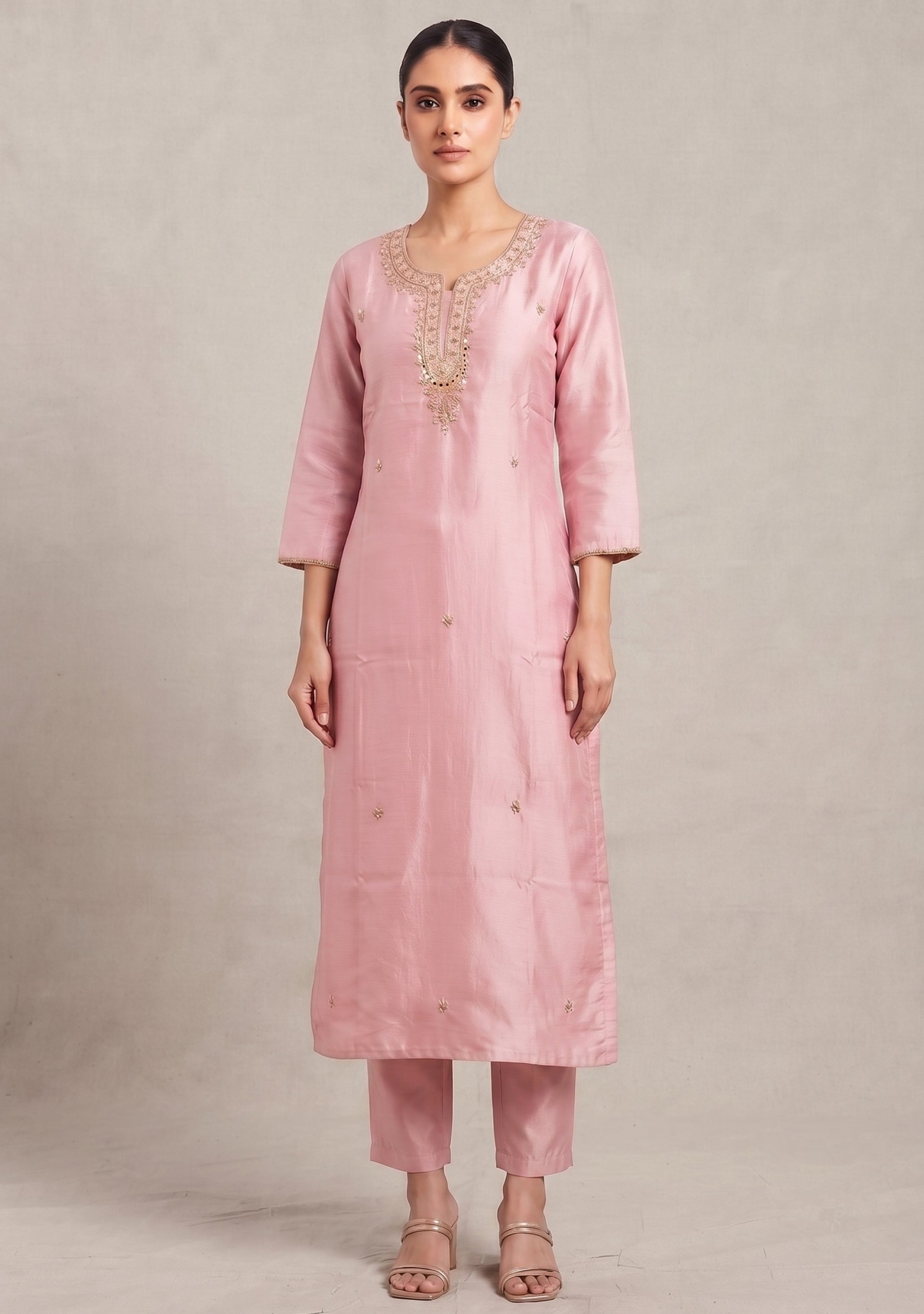 Nude Pink Silk Handcrafted 3pc Suit Set