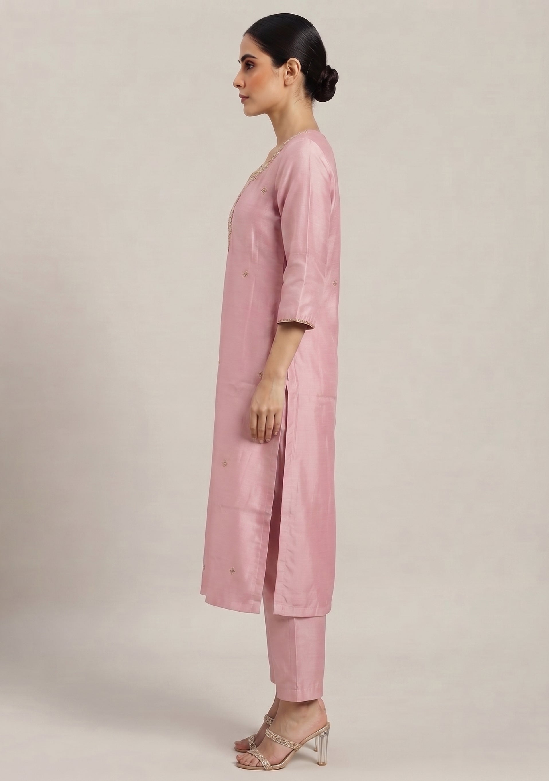 Nude Pink Silk Handcrafted 3pc Suit Set
