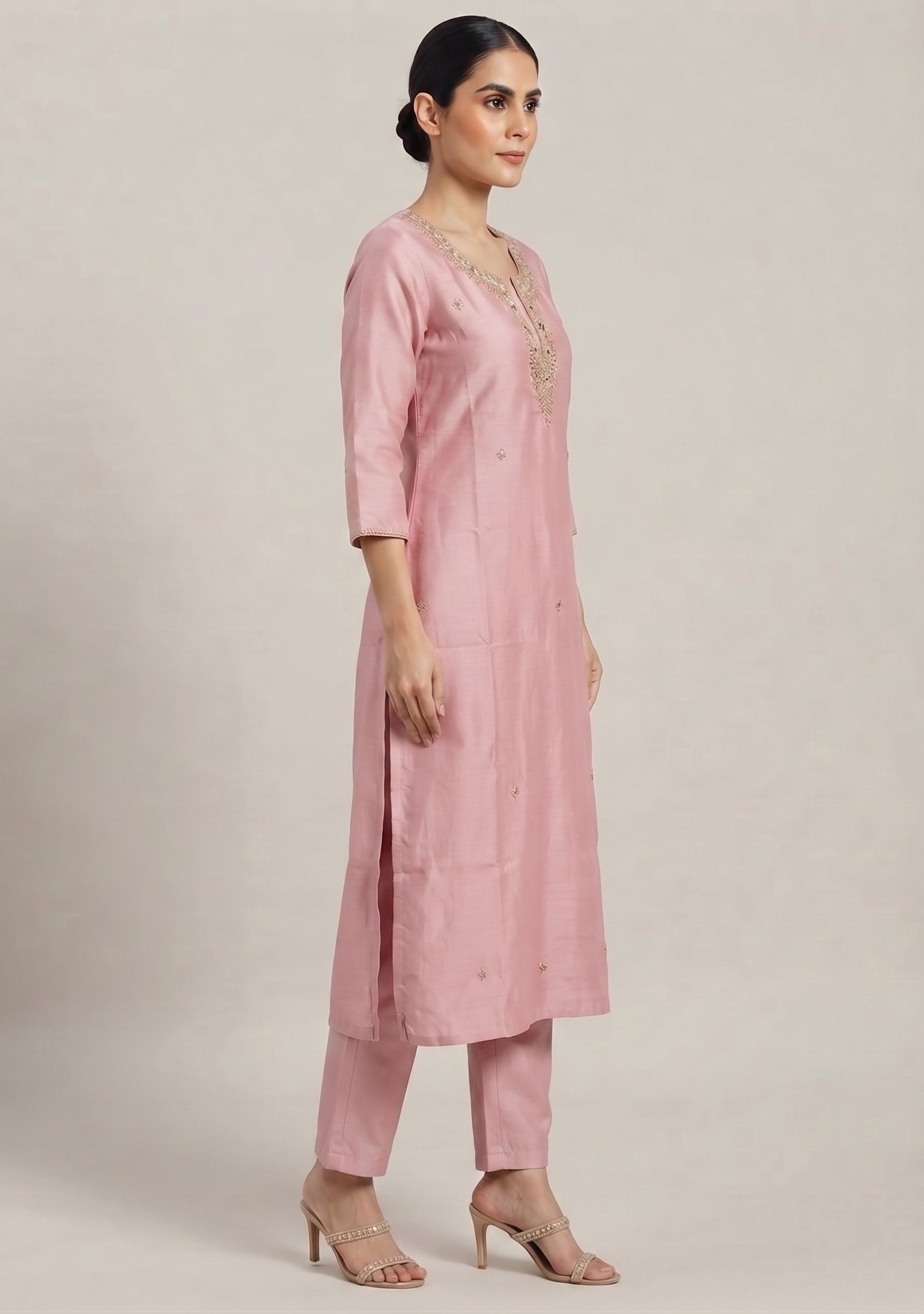 Nude Pink Silk Handcrafted 3pc Suit Set