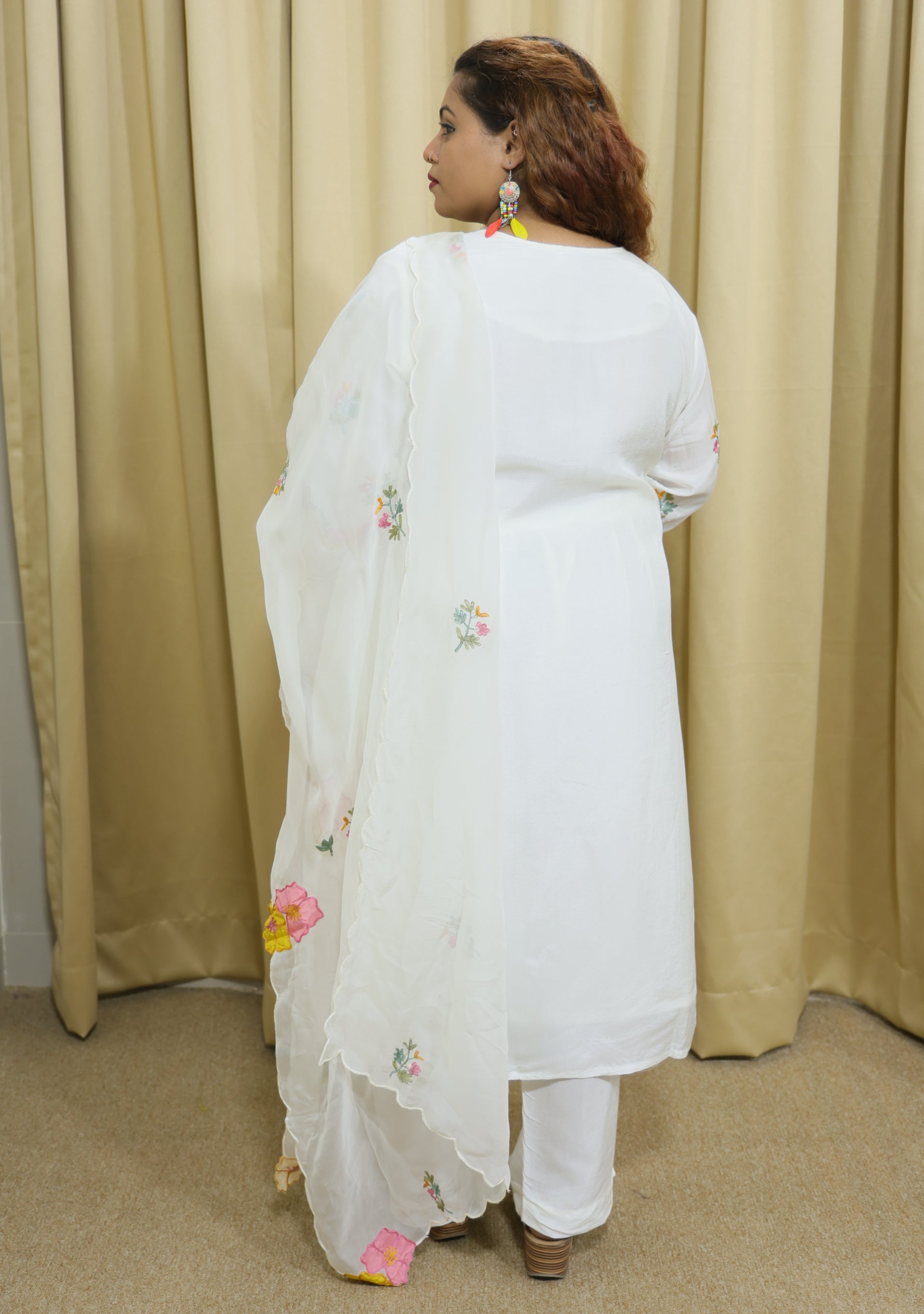 Off White Handcrafted Silk 3pc Suit Set