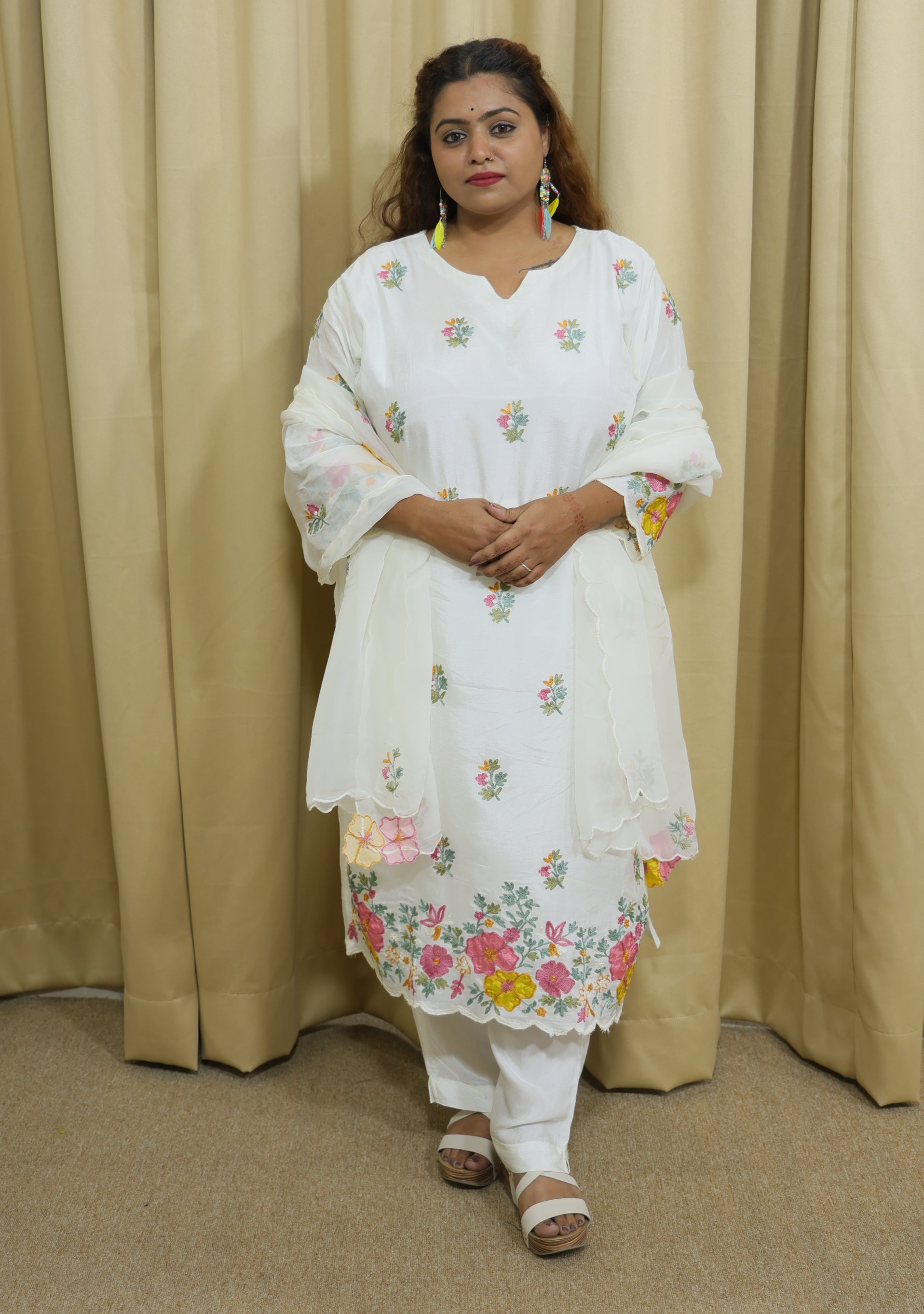 Off White Handcrafted Silk 3pc Suit Set