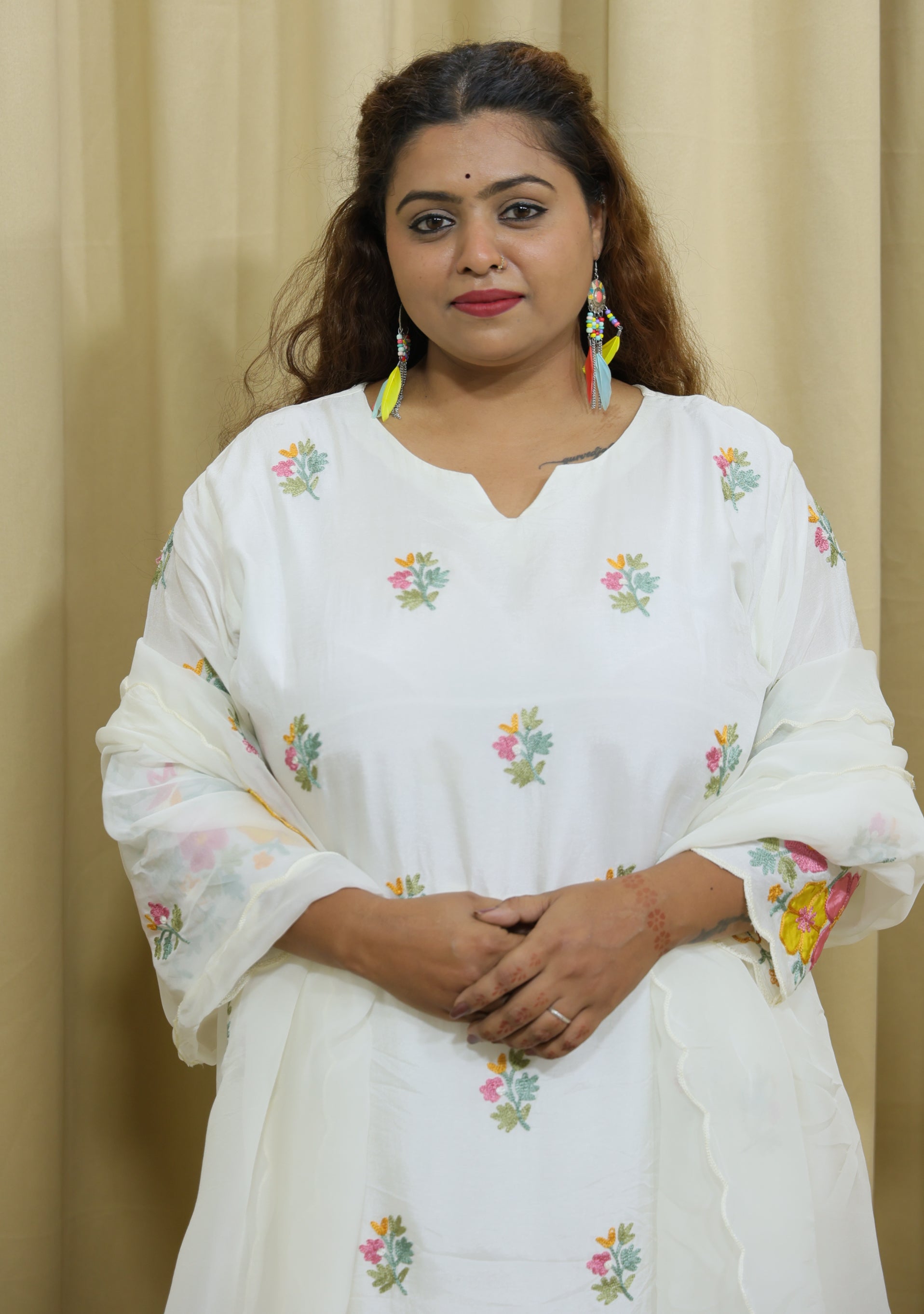 Off White Handcrafted Silk 3pc Suit Set