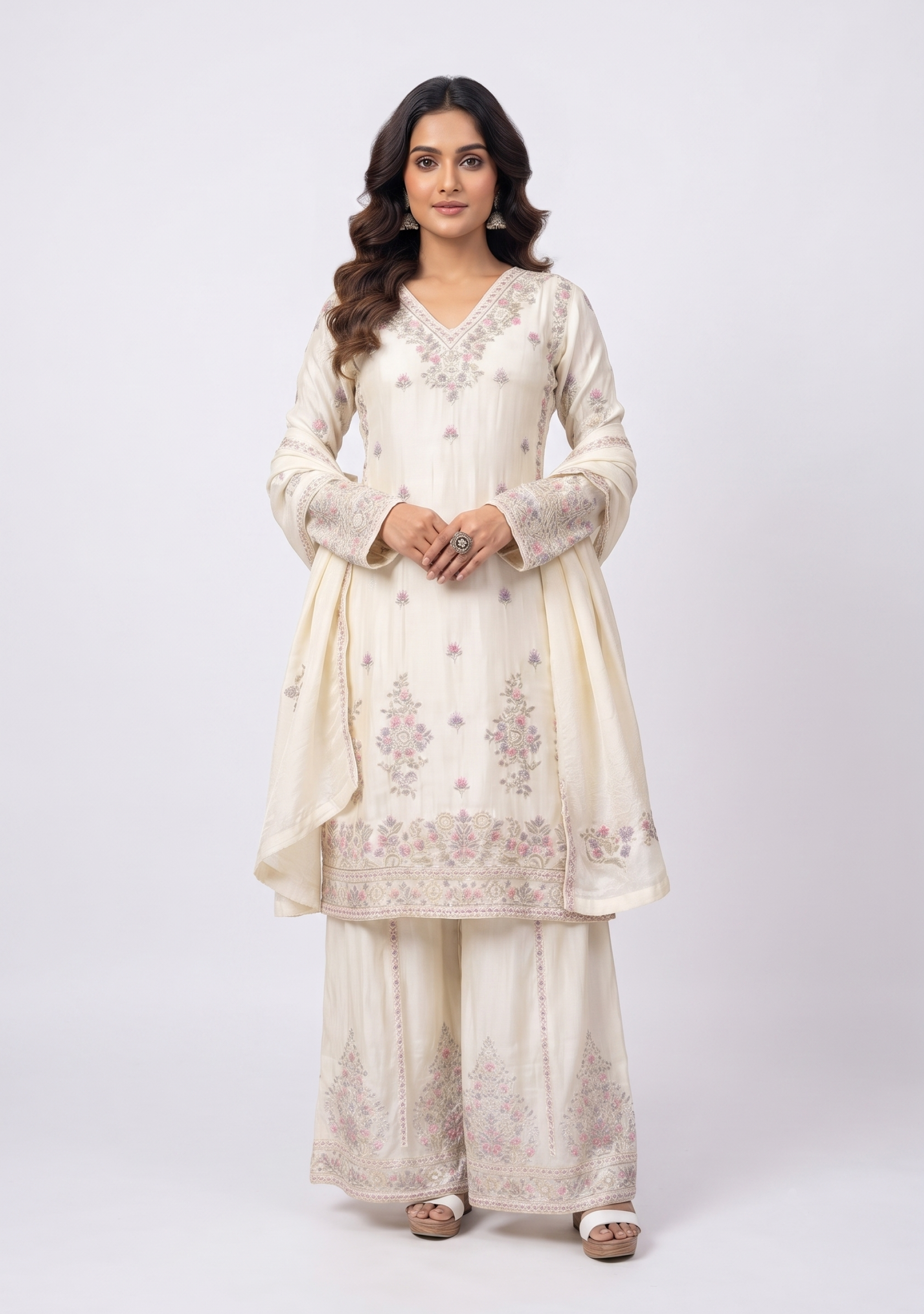 Off White Handcrafted Georgette 3pc suit set