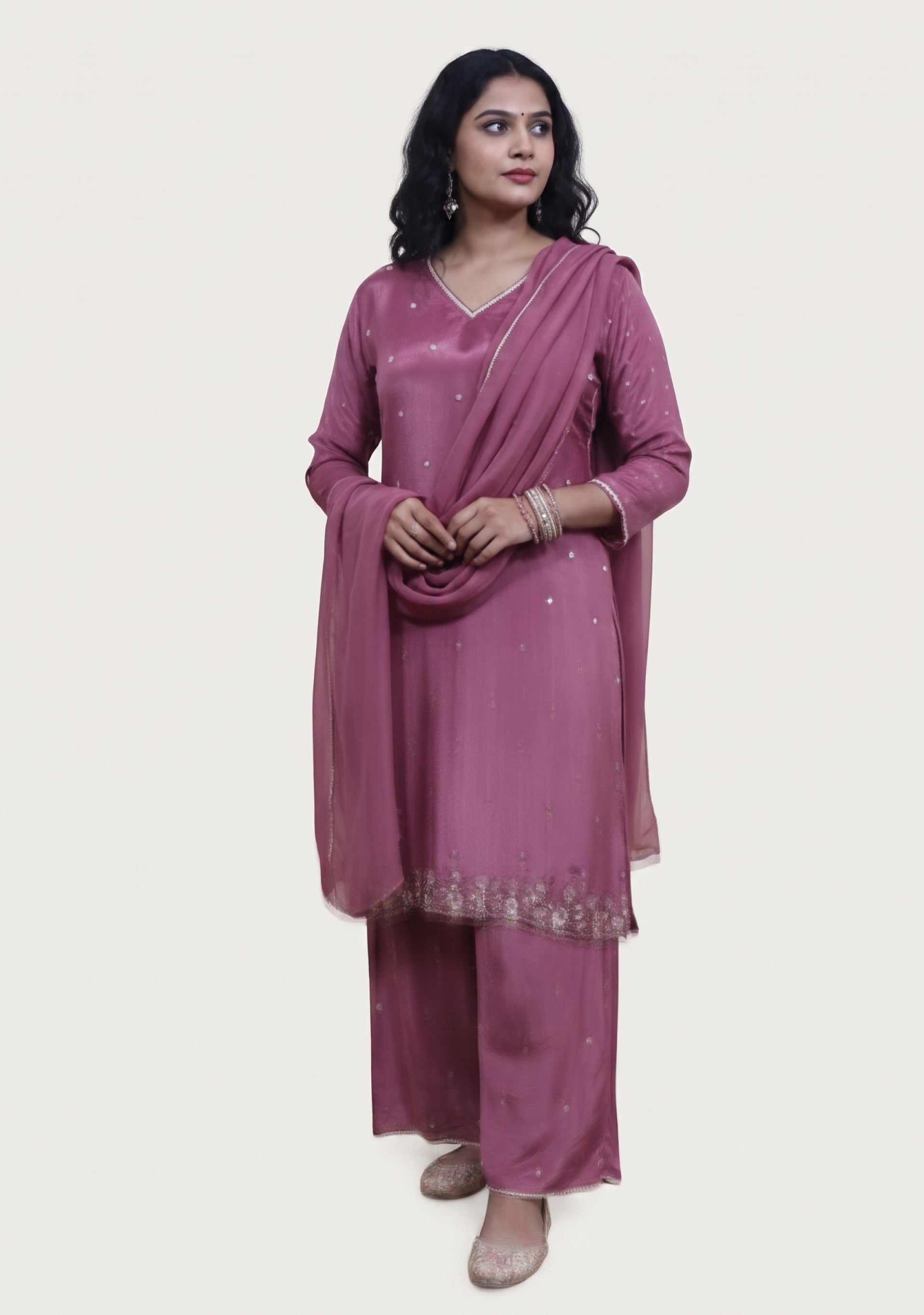 Onion Pink Chinon Handcrafted 3pc Suit Set