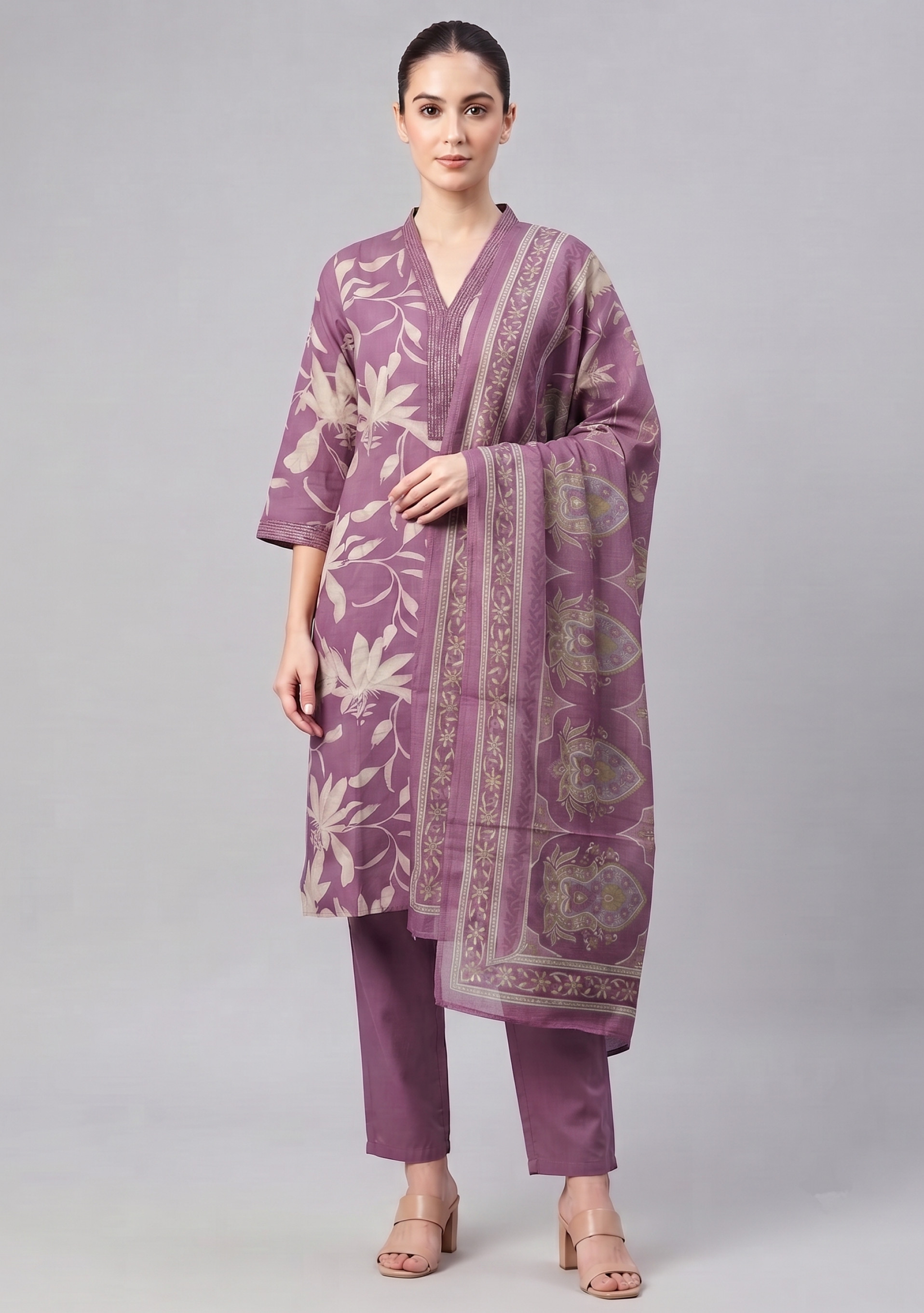 Onion Pink Handcrafted Cotton V Neck 3pc Suit Set