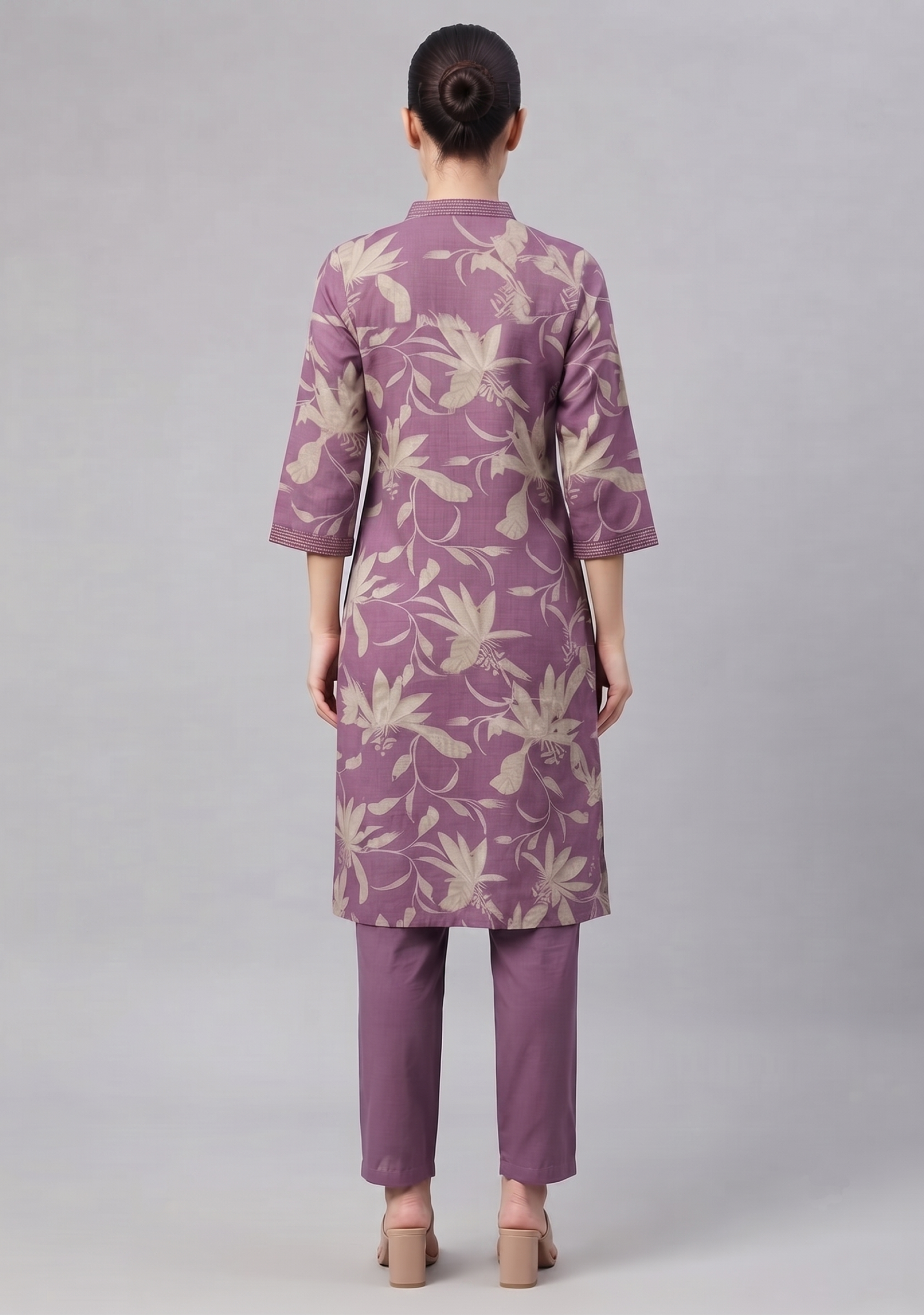 Onion Pink Handcrafted Cotton V Neck 3pc Suit Set