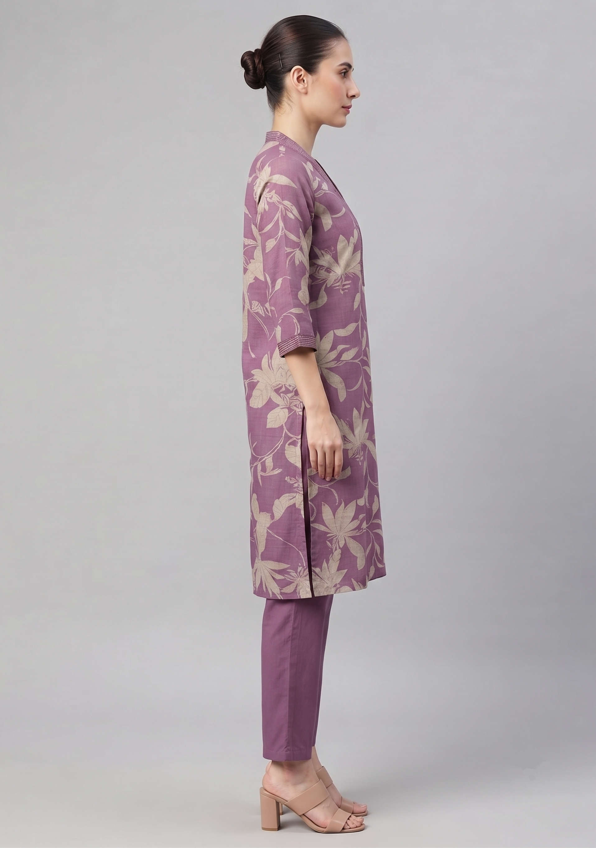 Onion Pink Handcrafted Cotton V Neck 3pc Suit Set