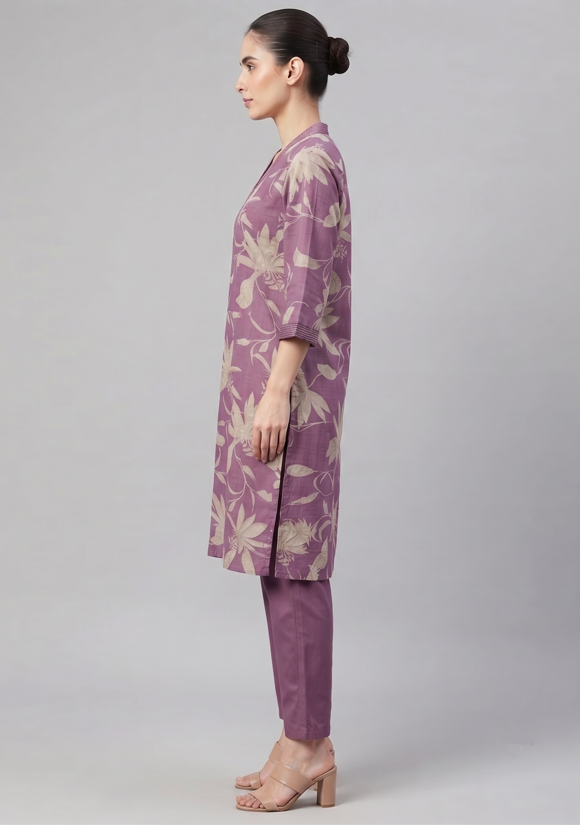 Onion Pink Handcrafted Cotton V Neck 3pc Suit Set