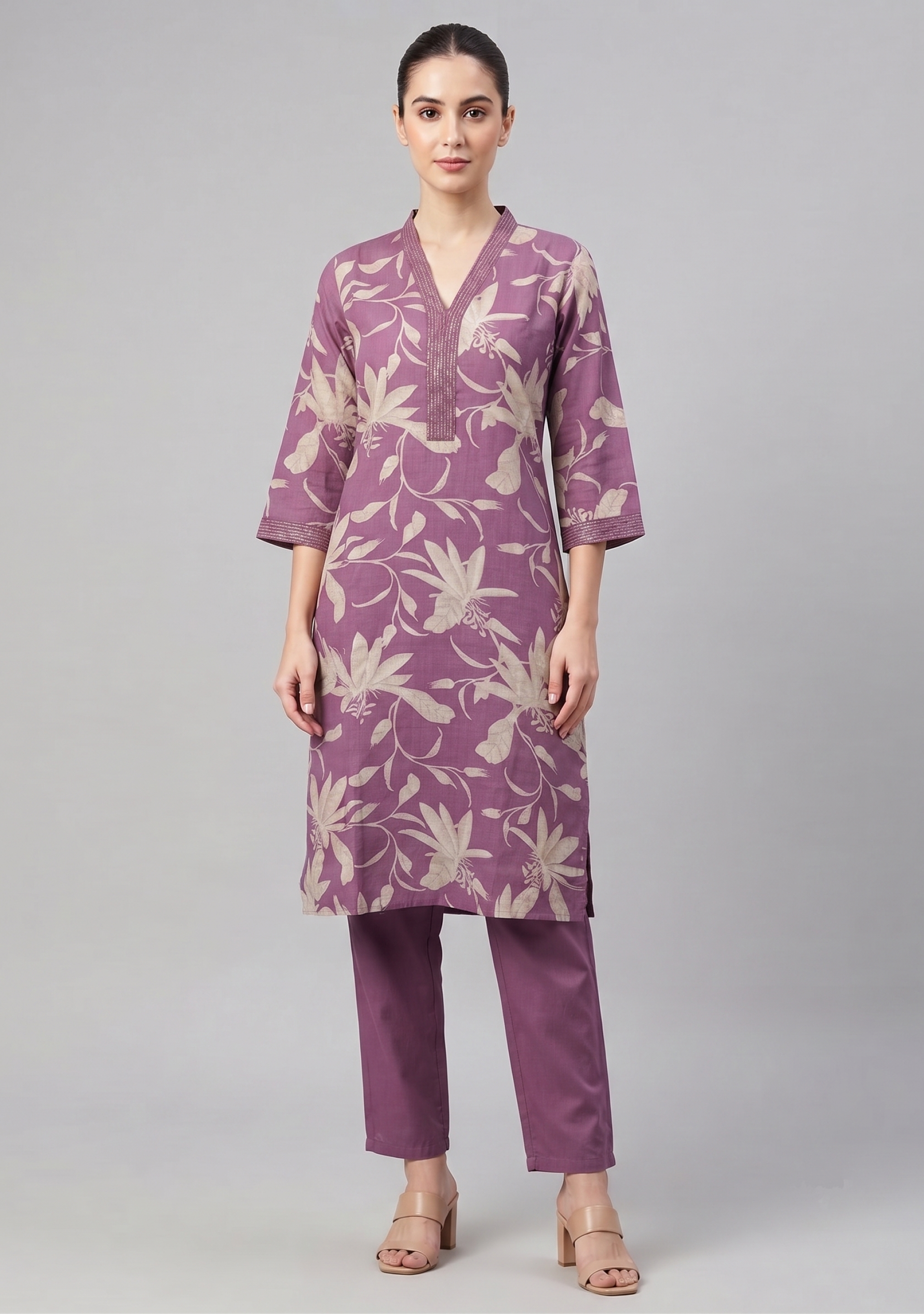 Onion Pink Handcrafted Cotton V Neck 3pc Suit Set