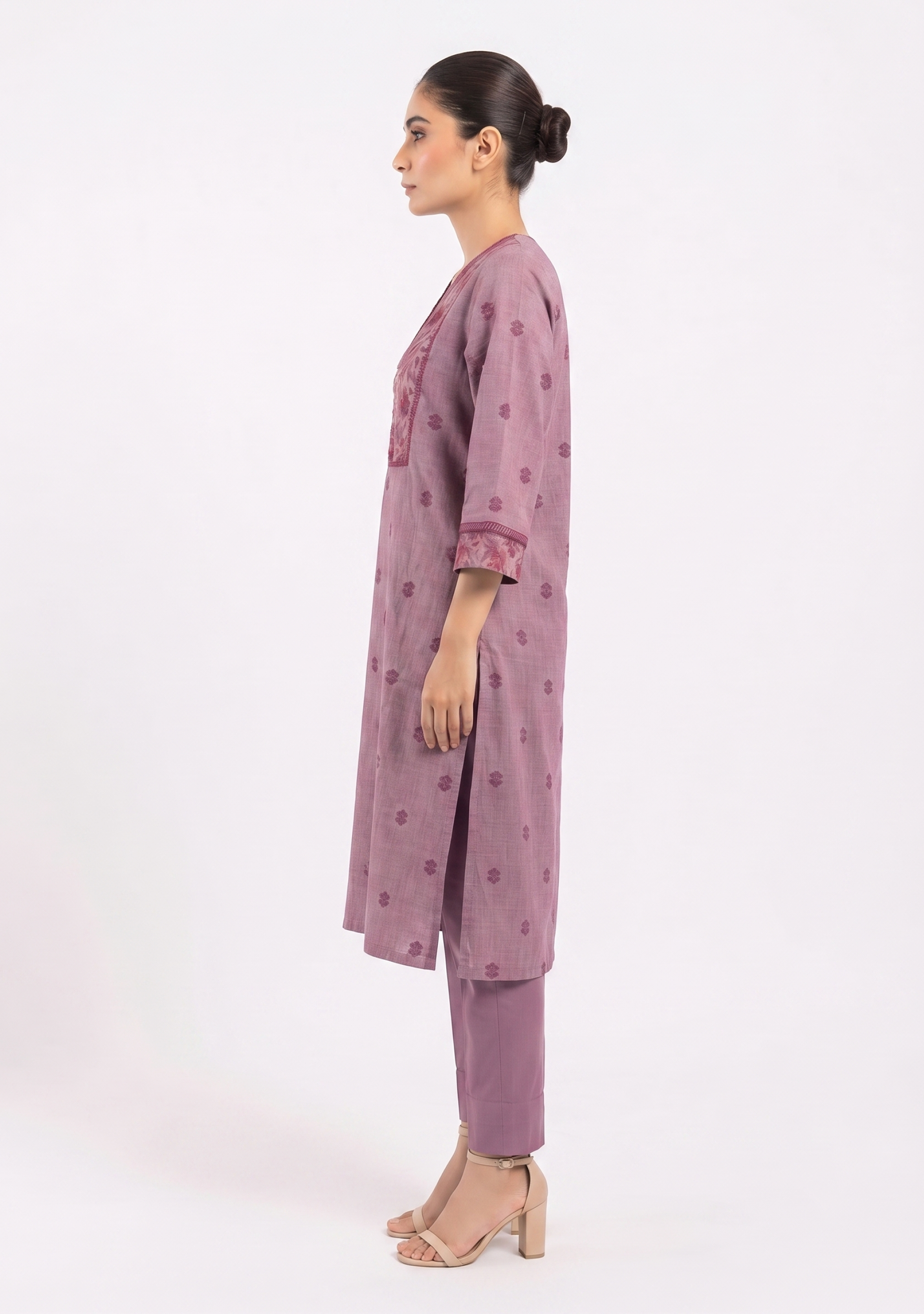 Onion Pink Handloom 3pc suit set with Printed Yoke