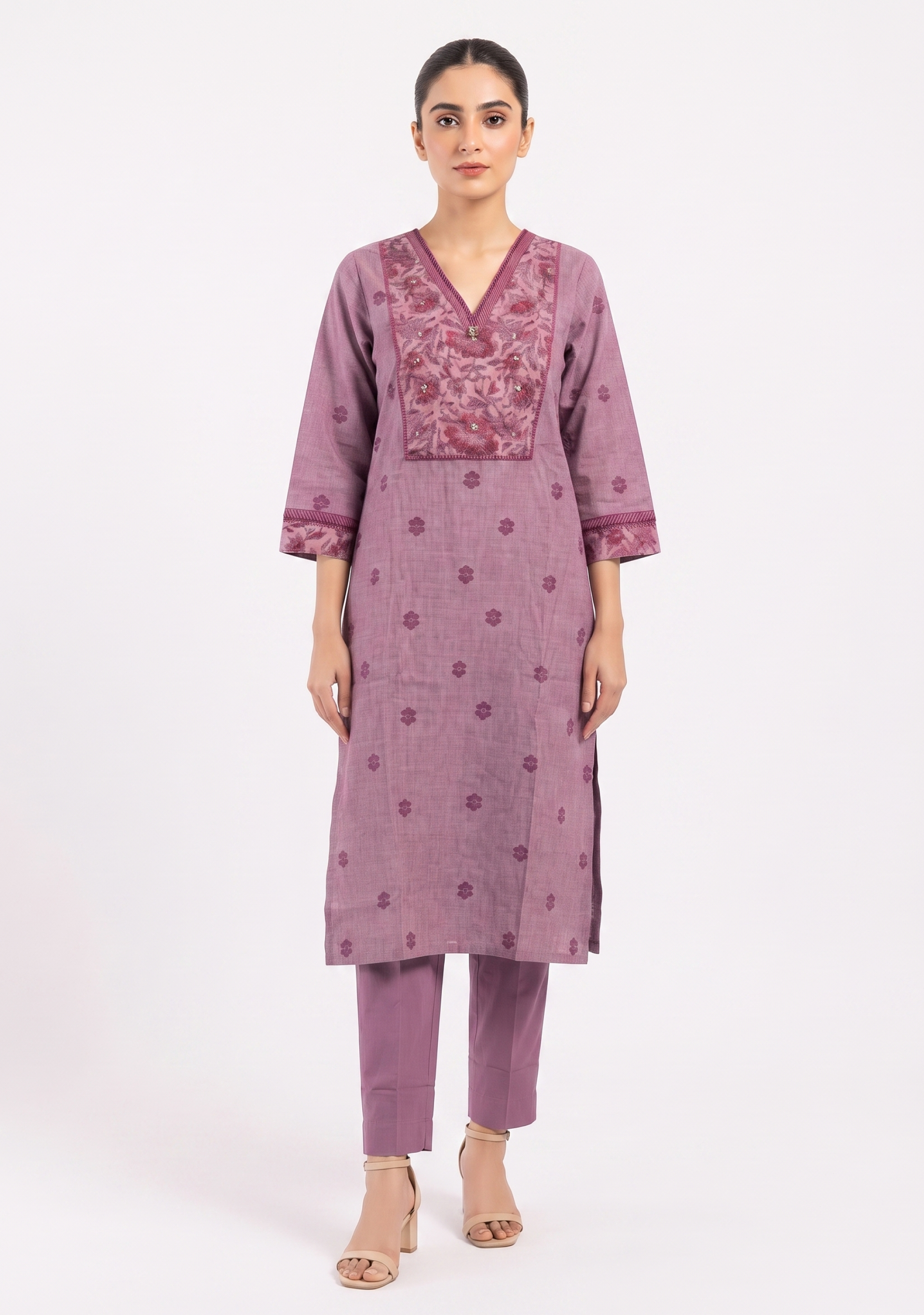 Onion Pink Handloom 3pc suit set with Printed Yoke