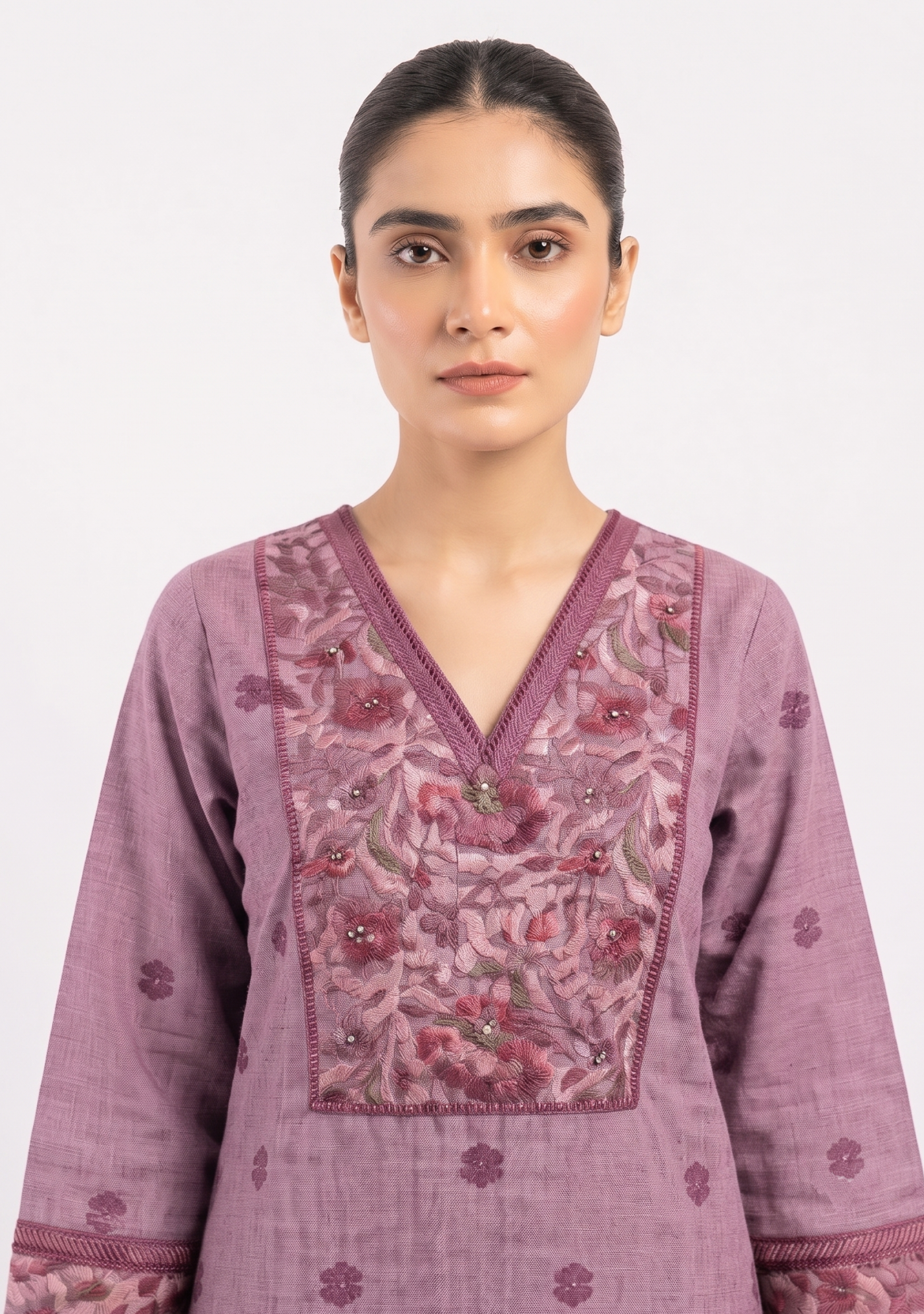 Onion Pink Handloom 3pc suit set with Printed Yoke