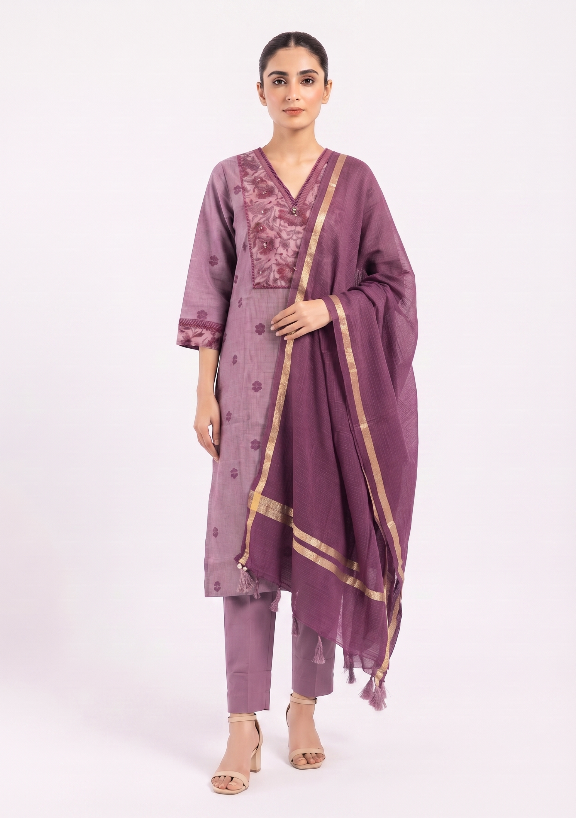 Onion Pink Handloom 3pc suit set with Printed Yoke