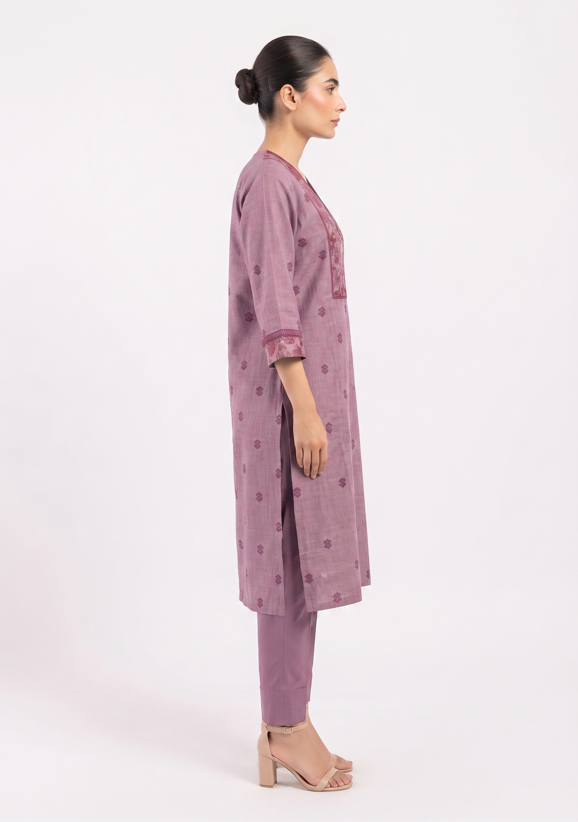 Onion Pink Handloom 3pc suit set with Printed Yoke