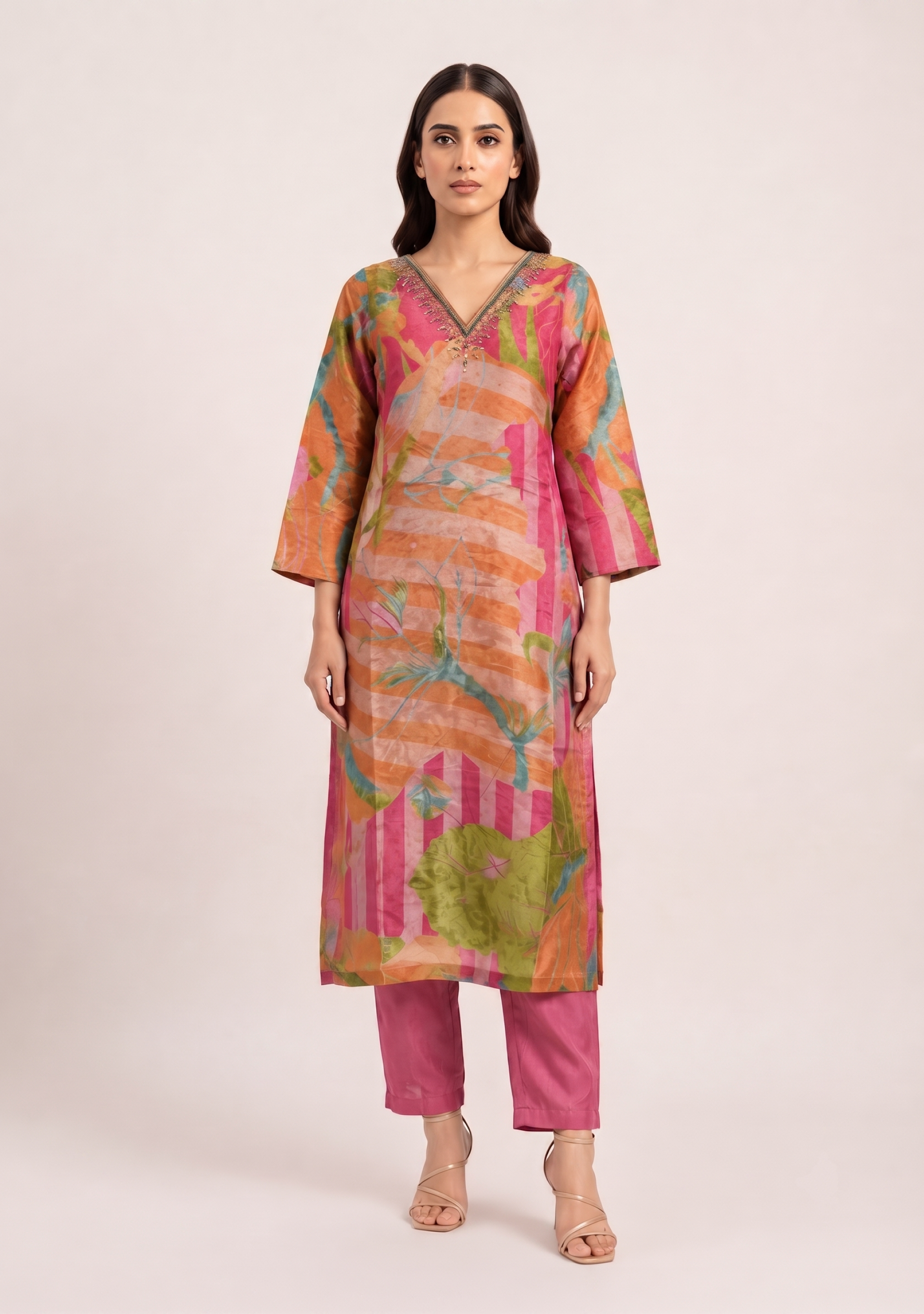 Orange-Peach Multi Shimmer Handcrafted 3pc Suit Set
