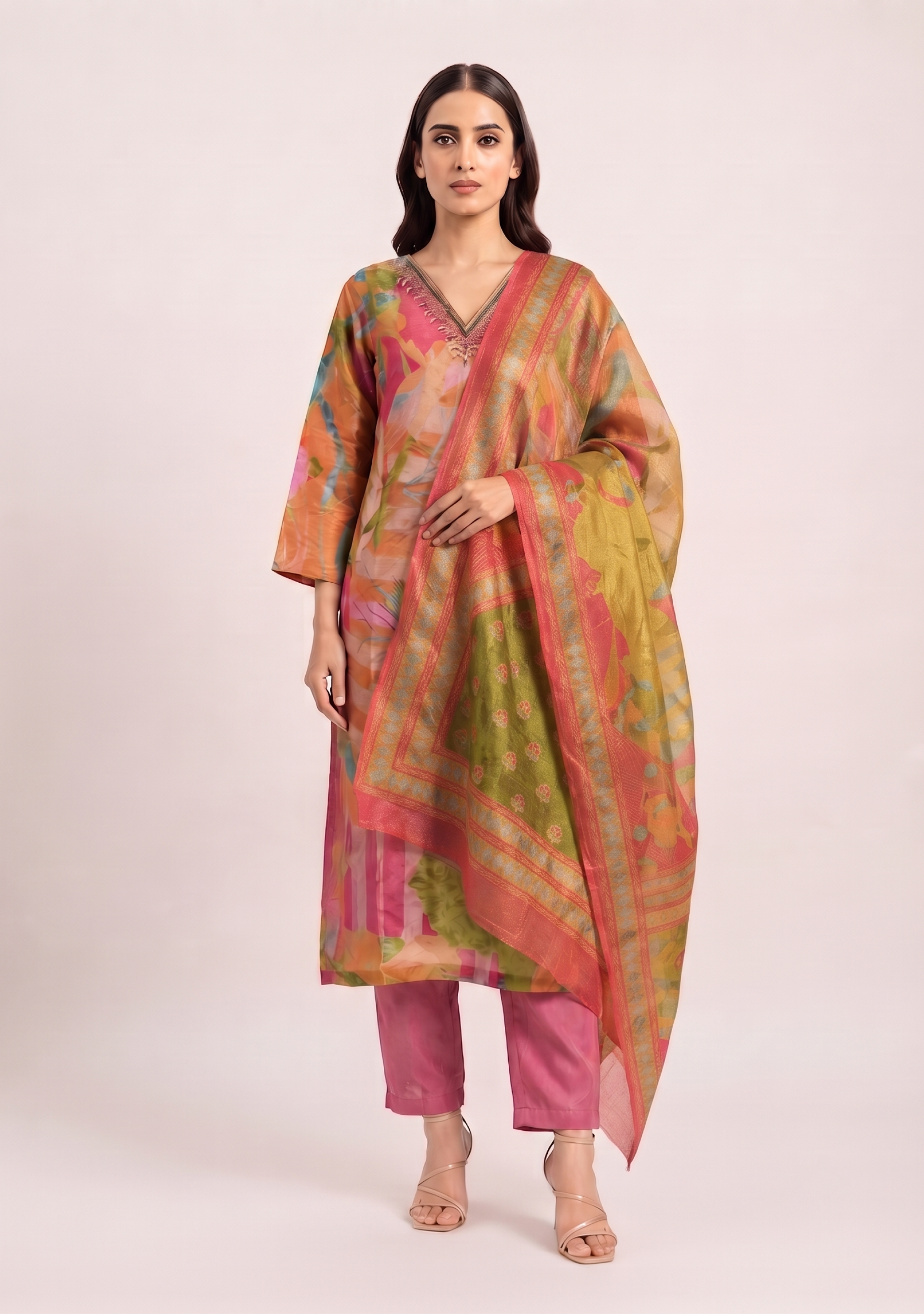 Orange-Peach Multi Shimmer Handcrafted 3pc Suit Set