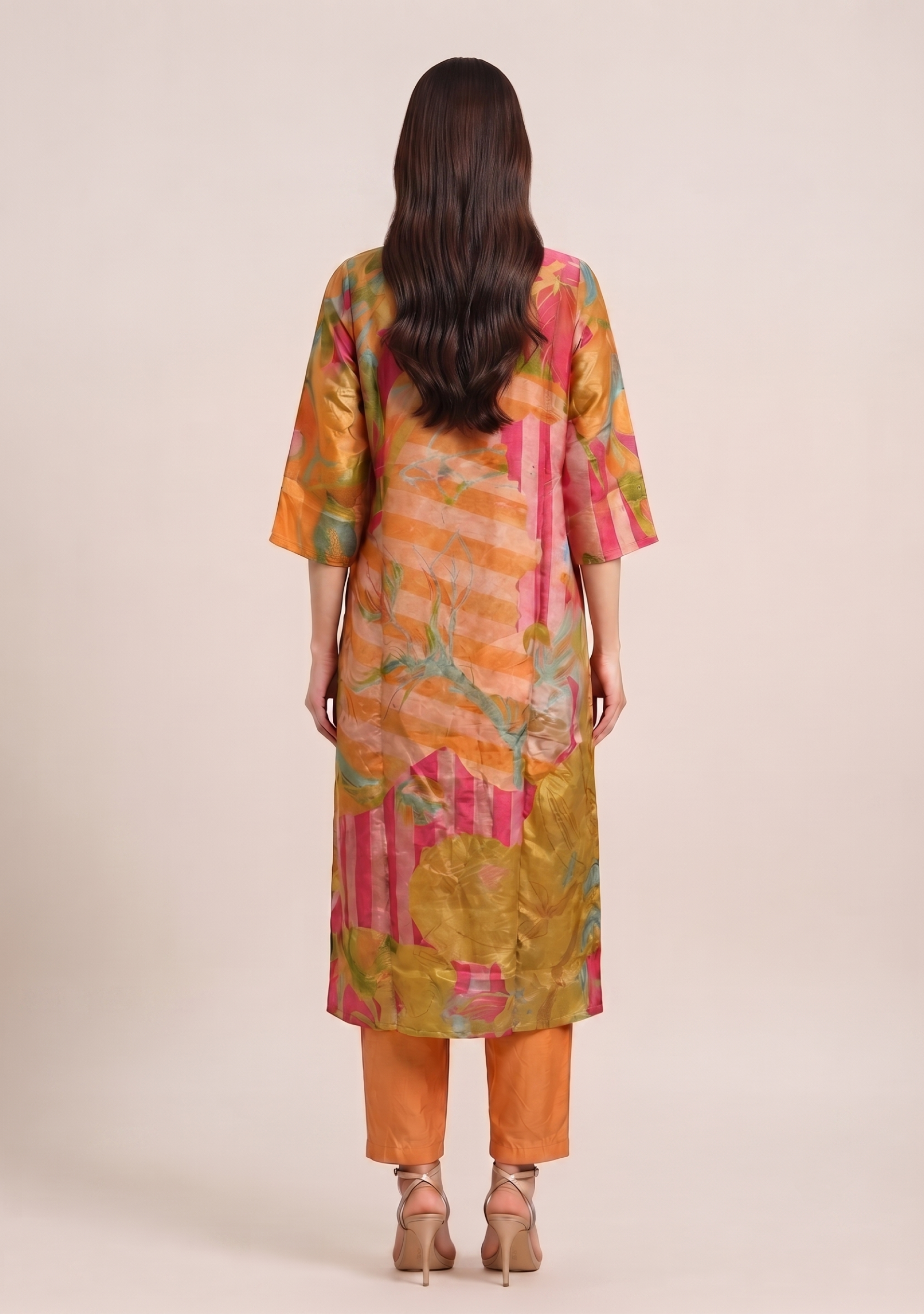 Orange-Peach Multi Shimmer Handcrafted 3pc Suit Set