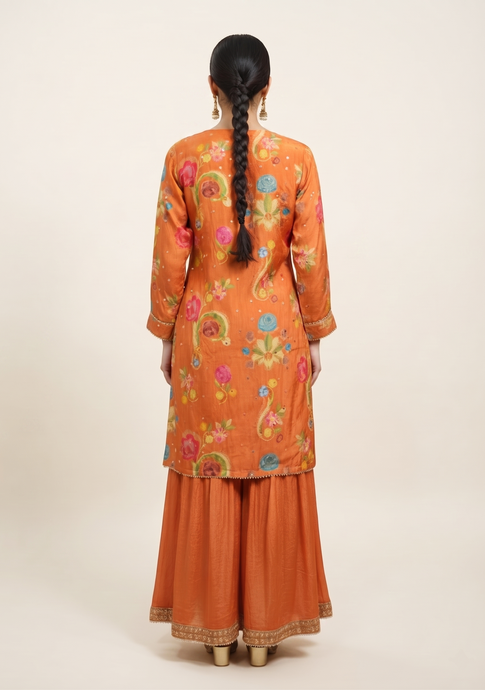 Orange Floral Gotapatti Sharara Suit Set Chinon