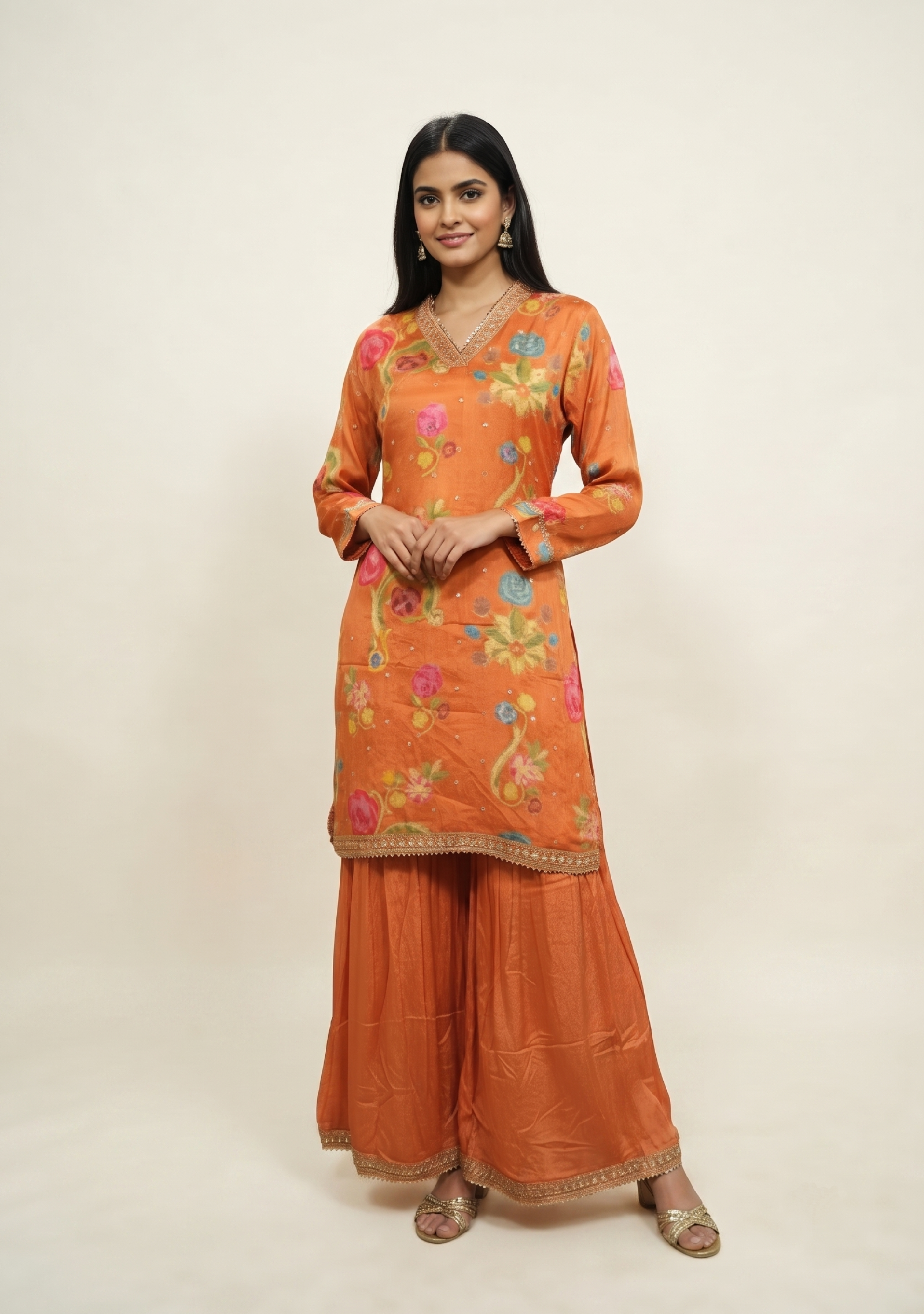 Orange Floral Gotapatti Sharara Suit Set Chinon