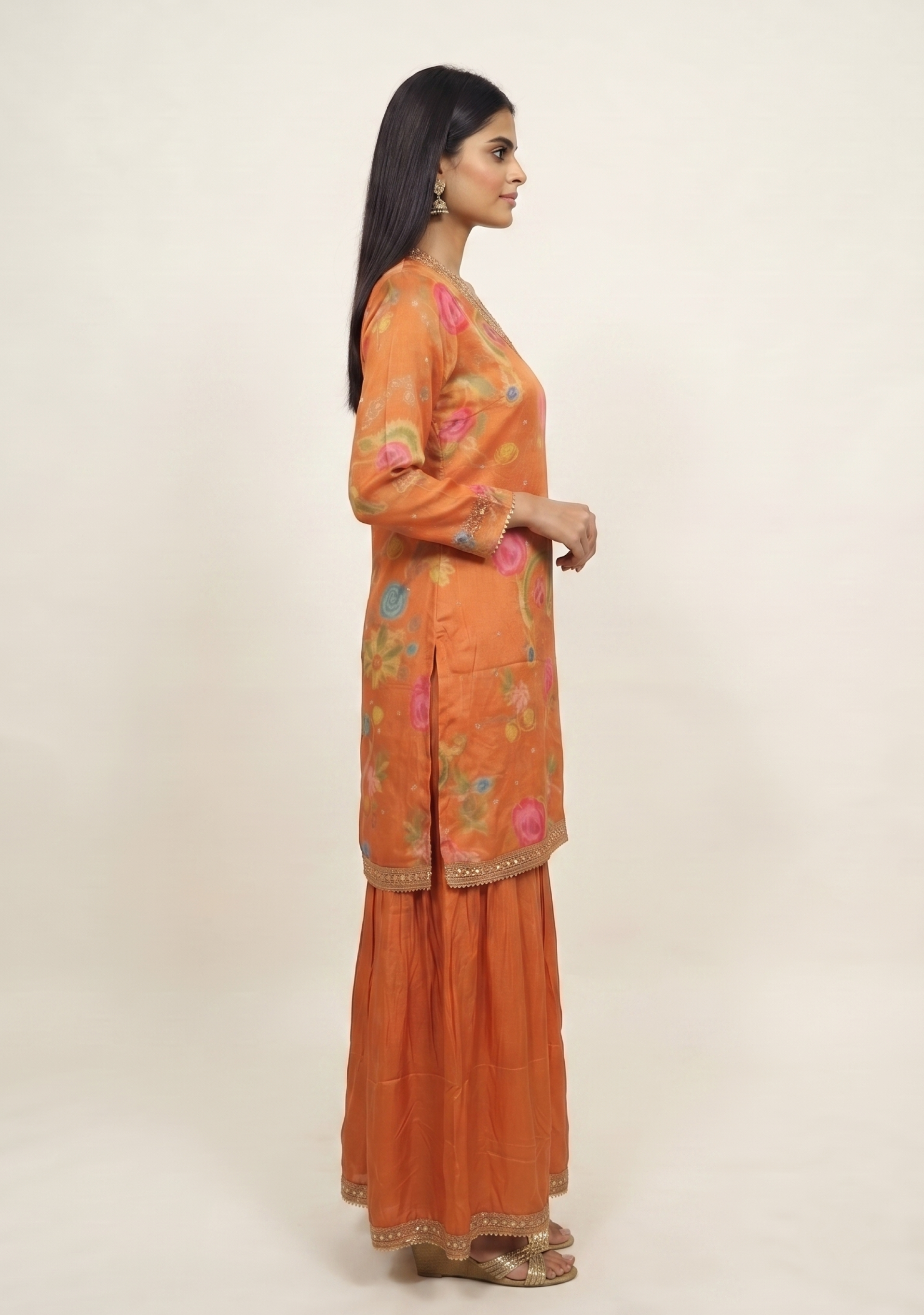 Orange Floral Gotapatti Sharara Suit Set Chinon
