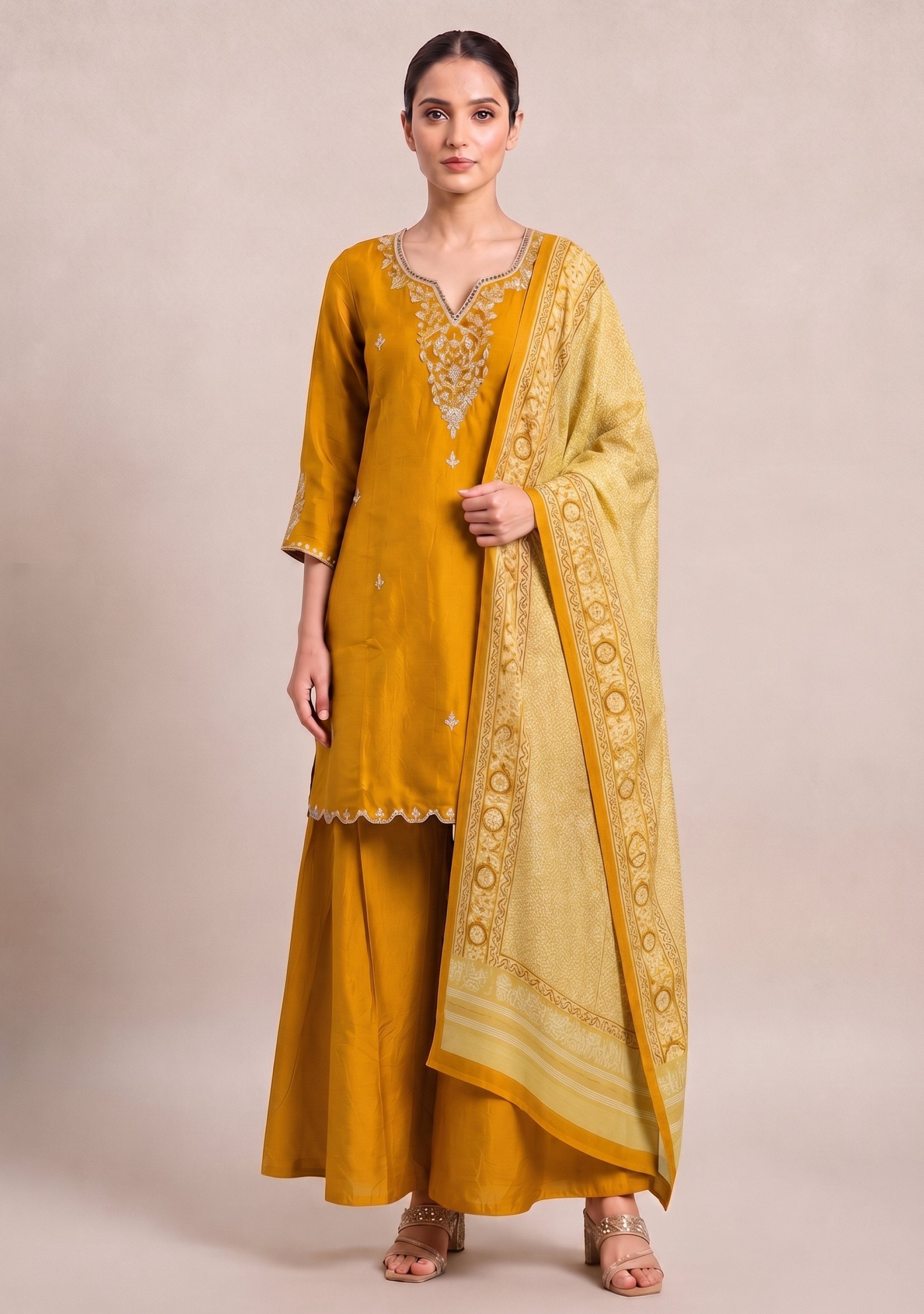 Orchre Yellow Handcrafted 3pc suit set with Gajji Dupatta