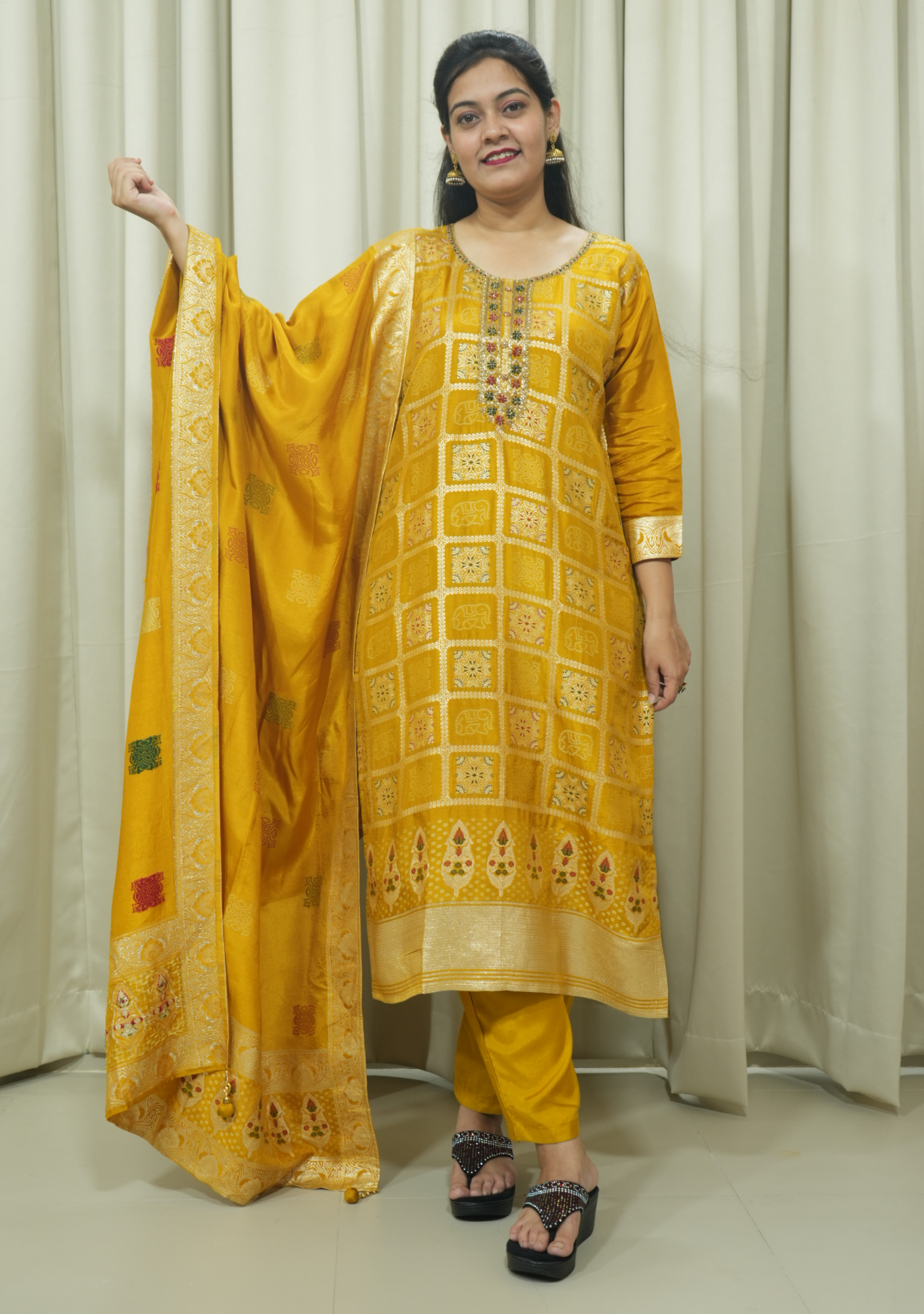 Orchre Yellow Handcrafted Ghatchola Banarasi 3pc Suit Set