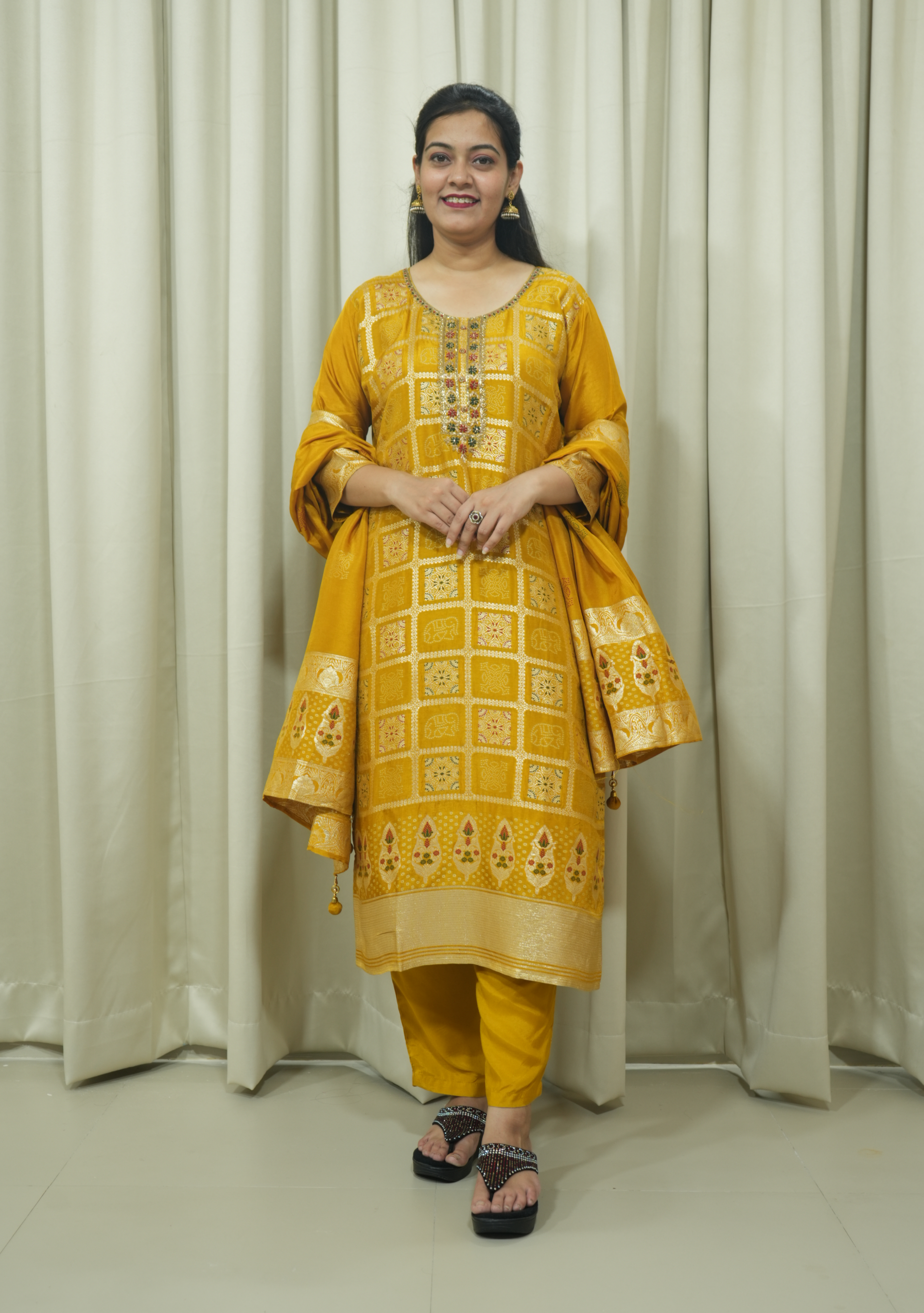 Orchre Yellow Handcrafted Ghatchola Banarasi 3pc Suit Set