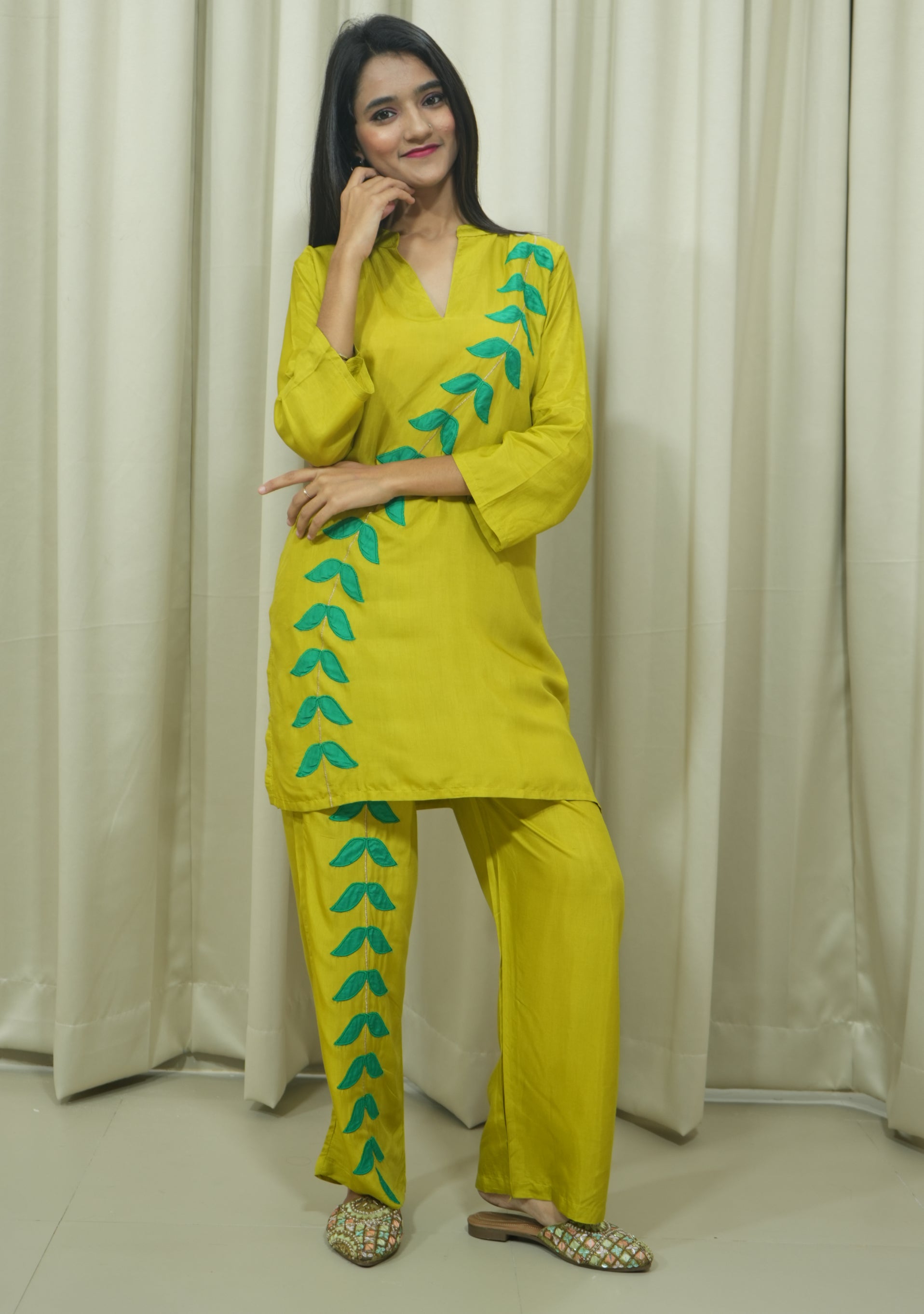 Pastel Lime Green Art Silk Handcrafted Co-ord Set