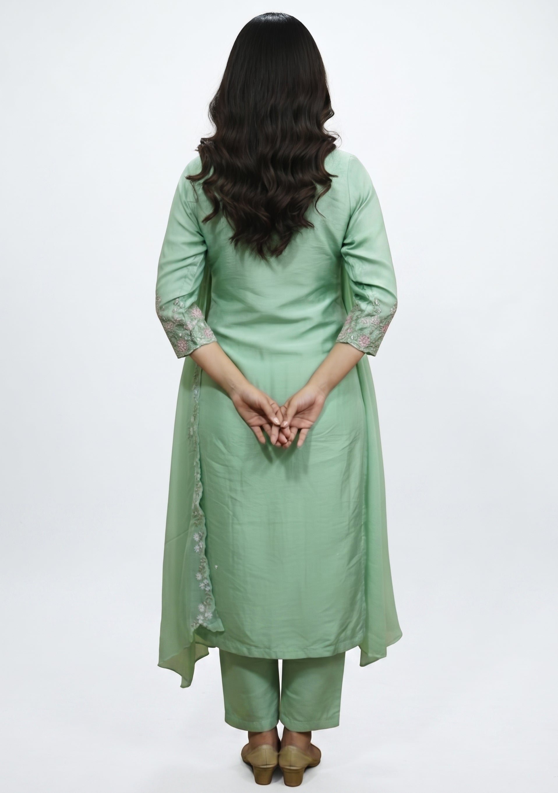Pastel Mint Green Art Silk Handcrafted 3pc suit set