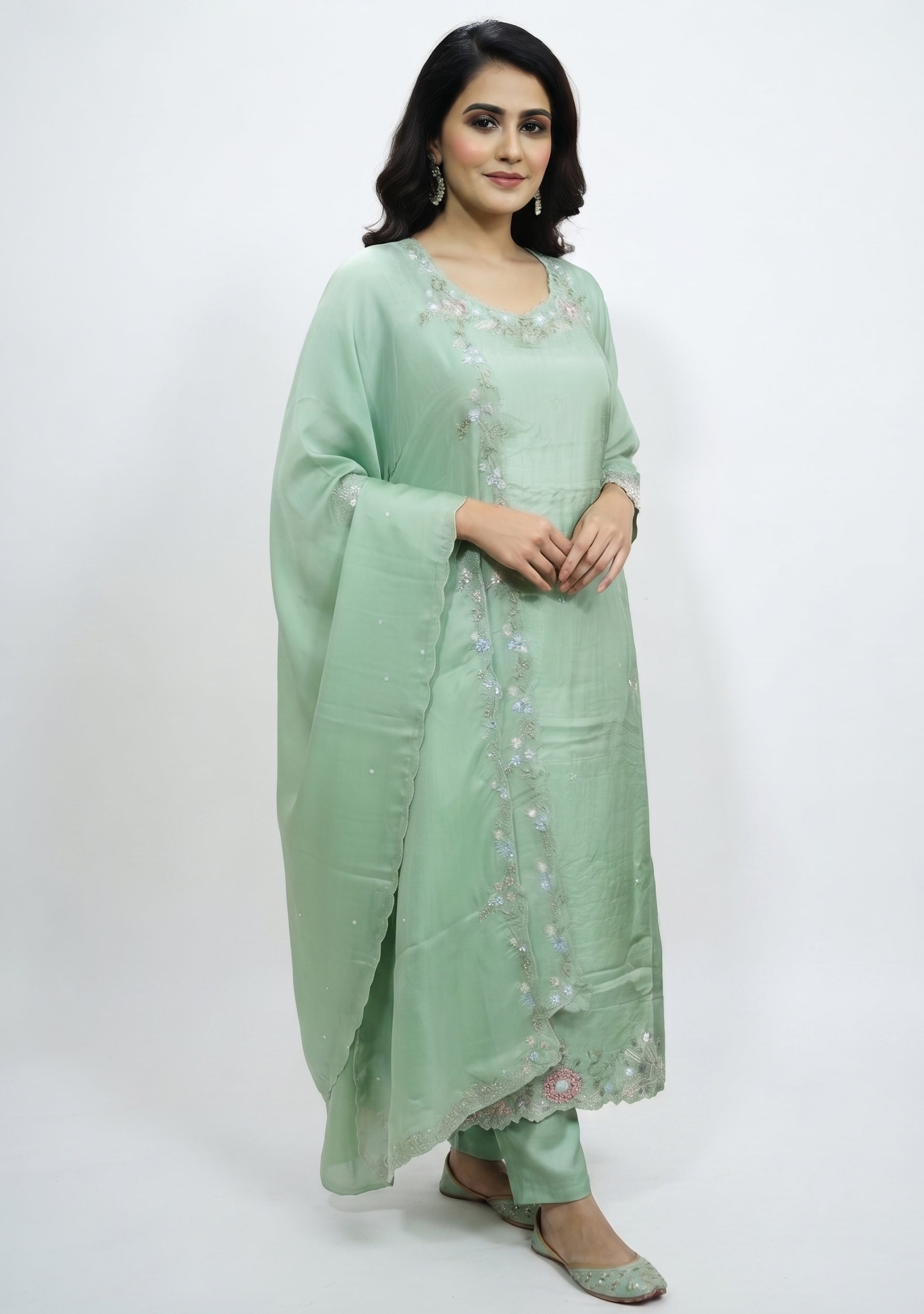 Pastel Mint Green Art Silk Handcrafted 3pc suit set