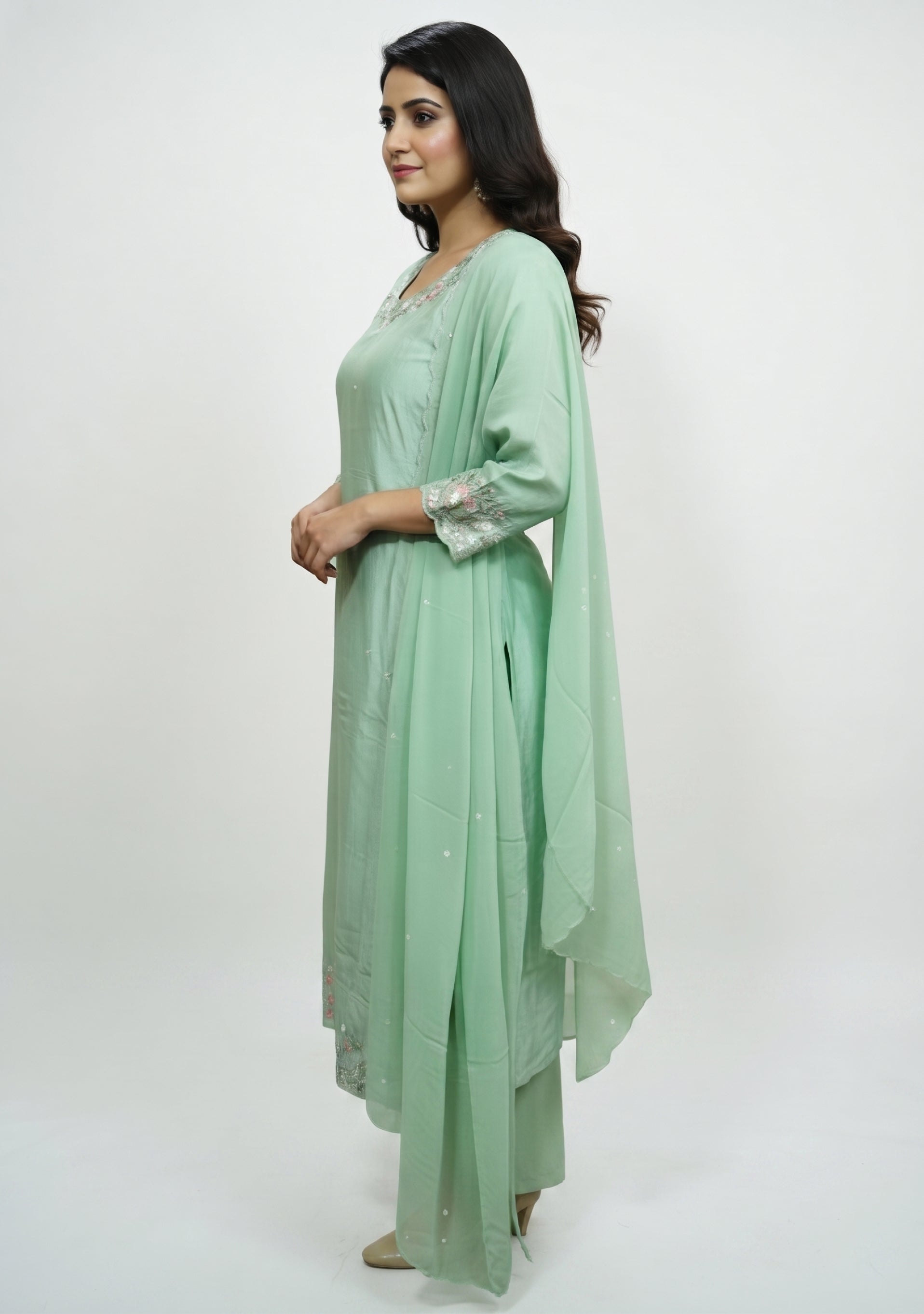 Pastel Mint Green Art Silk Handcrafted 3pc suit set