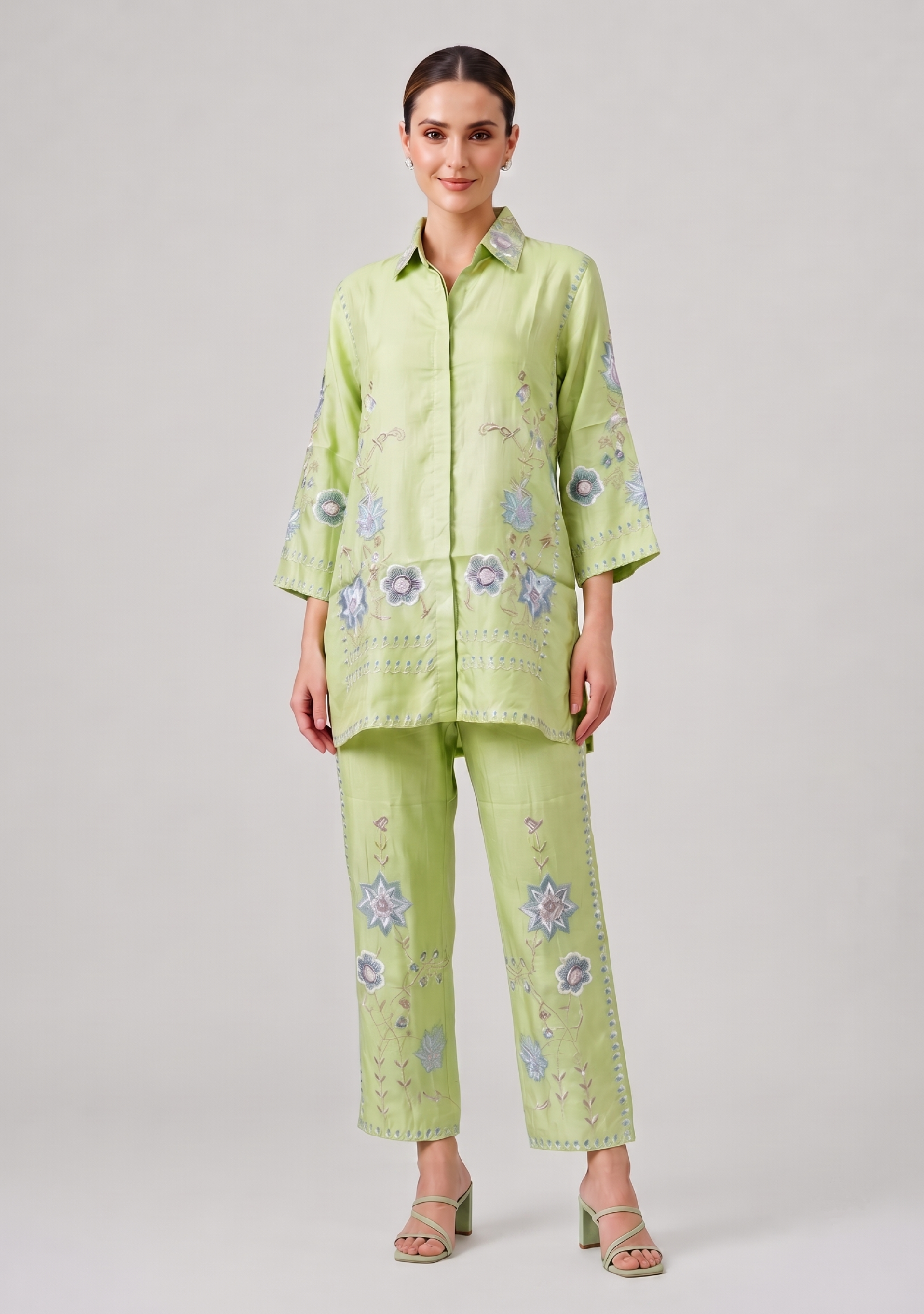 Pastel Mint Green Art Silk Handcrafted Co-ord Set