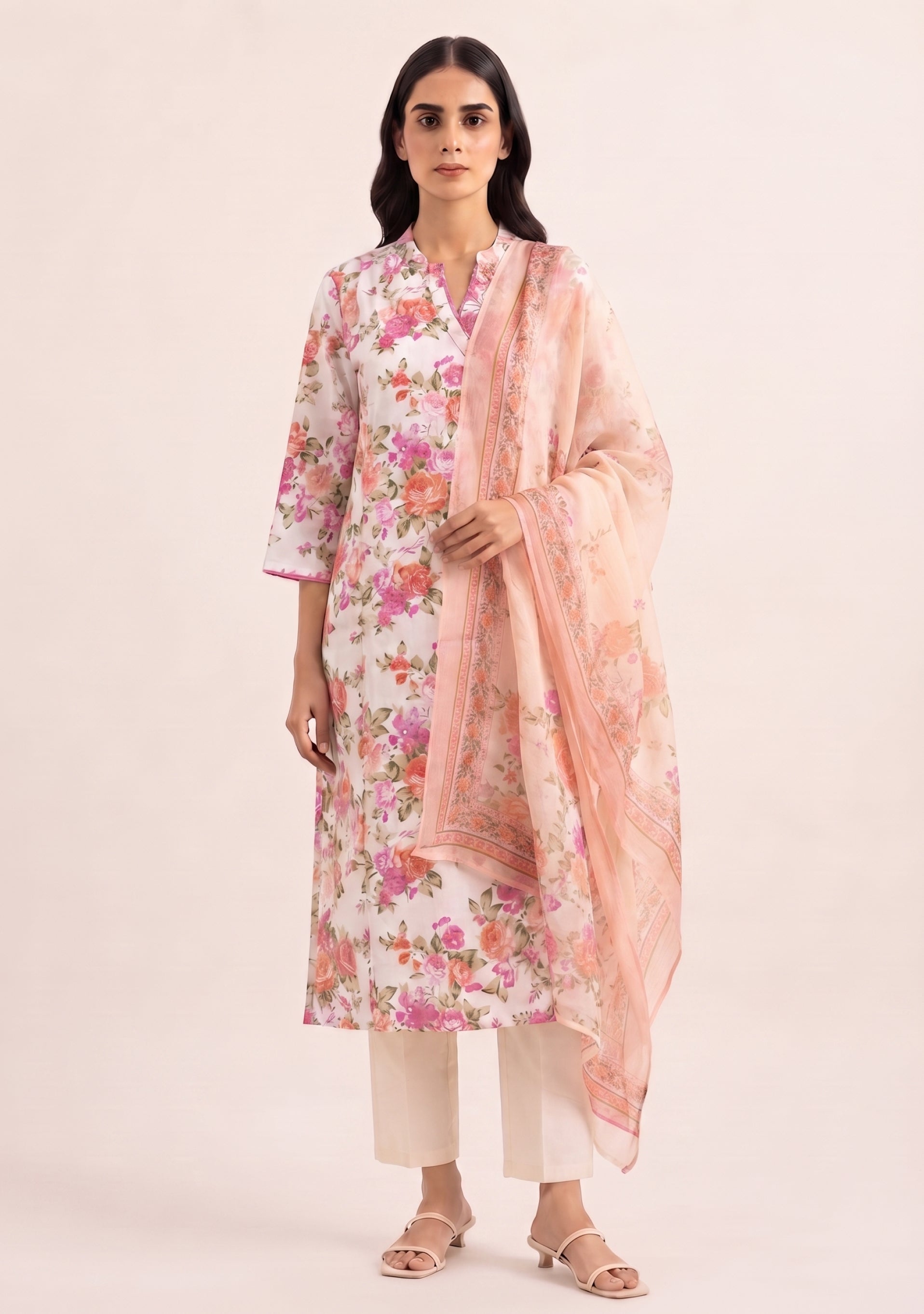 Peach Printed Cotton Handcrafted 3pc Suit Set