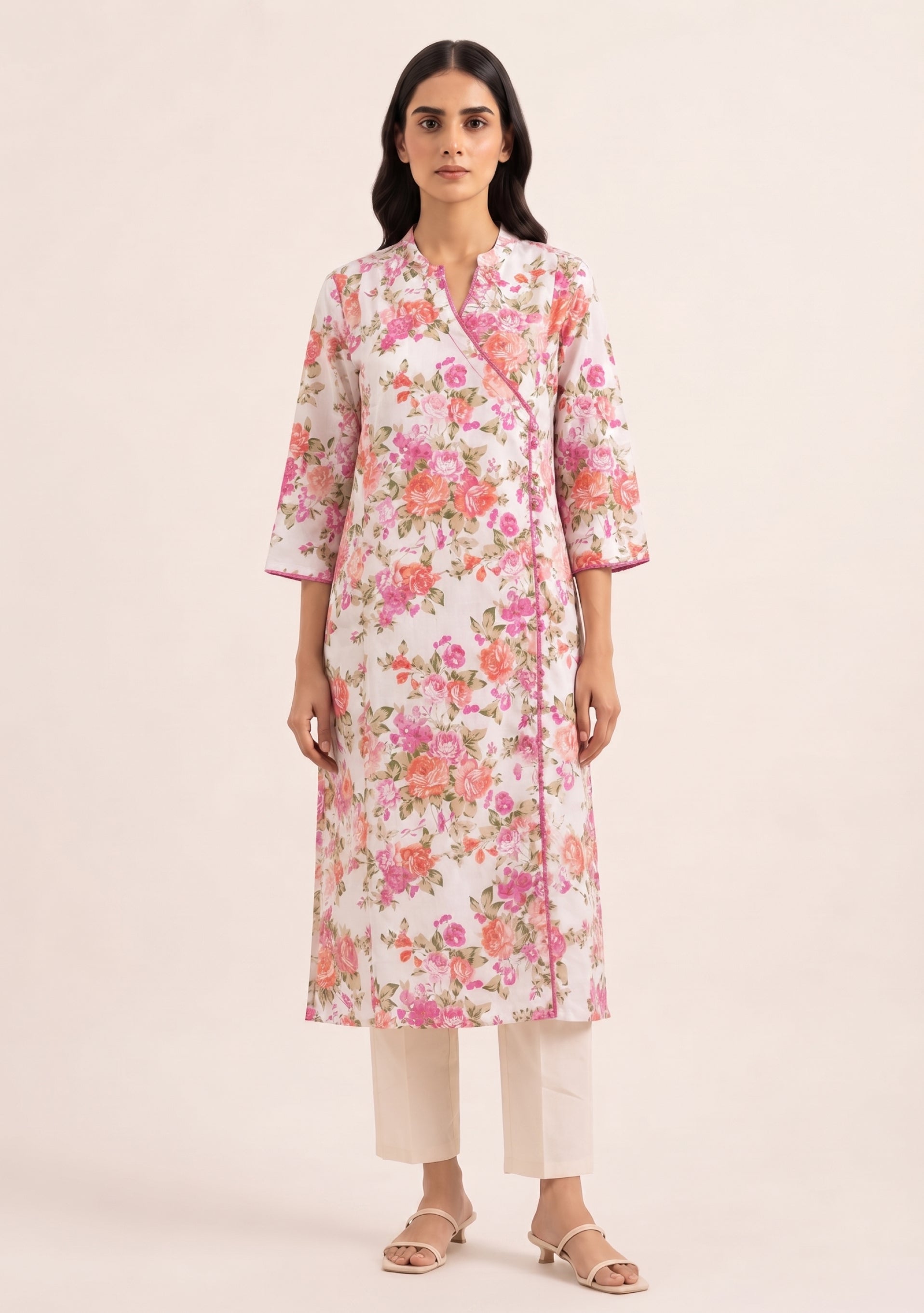 Peach Printed Cotton Handcrafted 3pc Suit Set