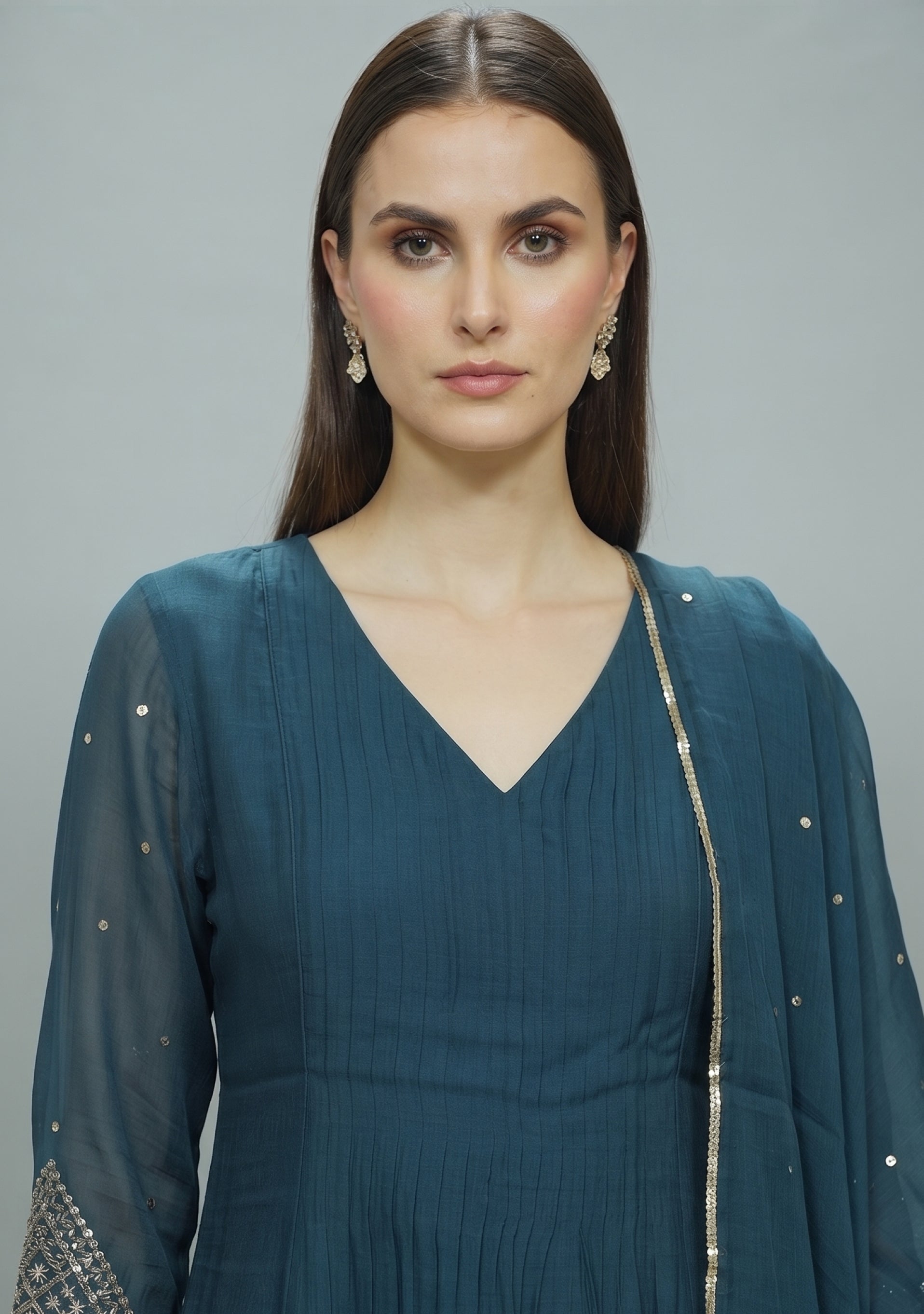 Petrol Blue Chanderi Handcrafted Gathered Suit Set