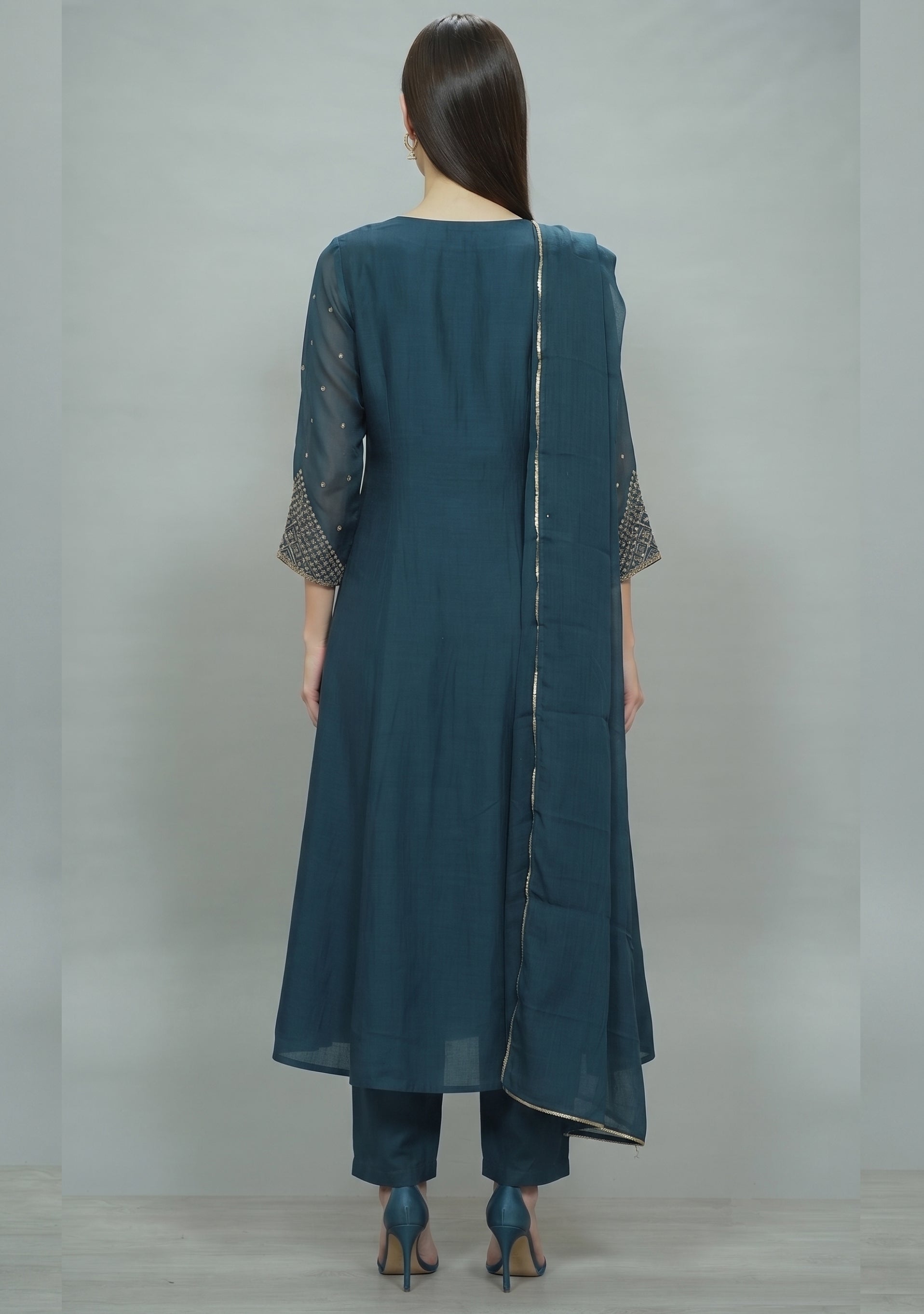 Petrol Blue Chanderi Handcrafted Gathered Suit Set