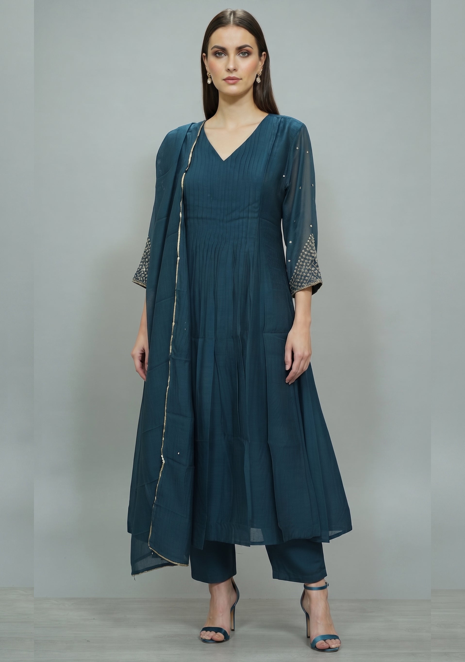 Petrol Blue Chanderi Handcrafted Gathered Suit Set