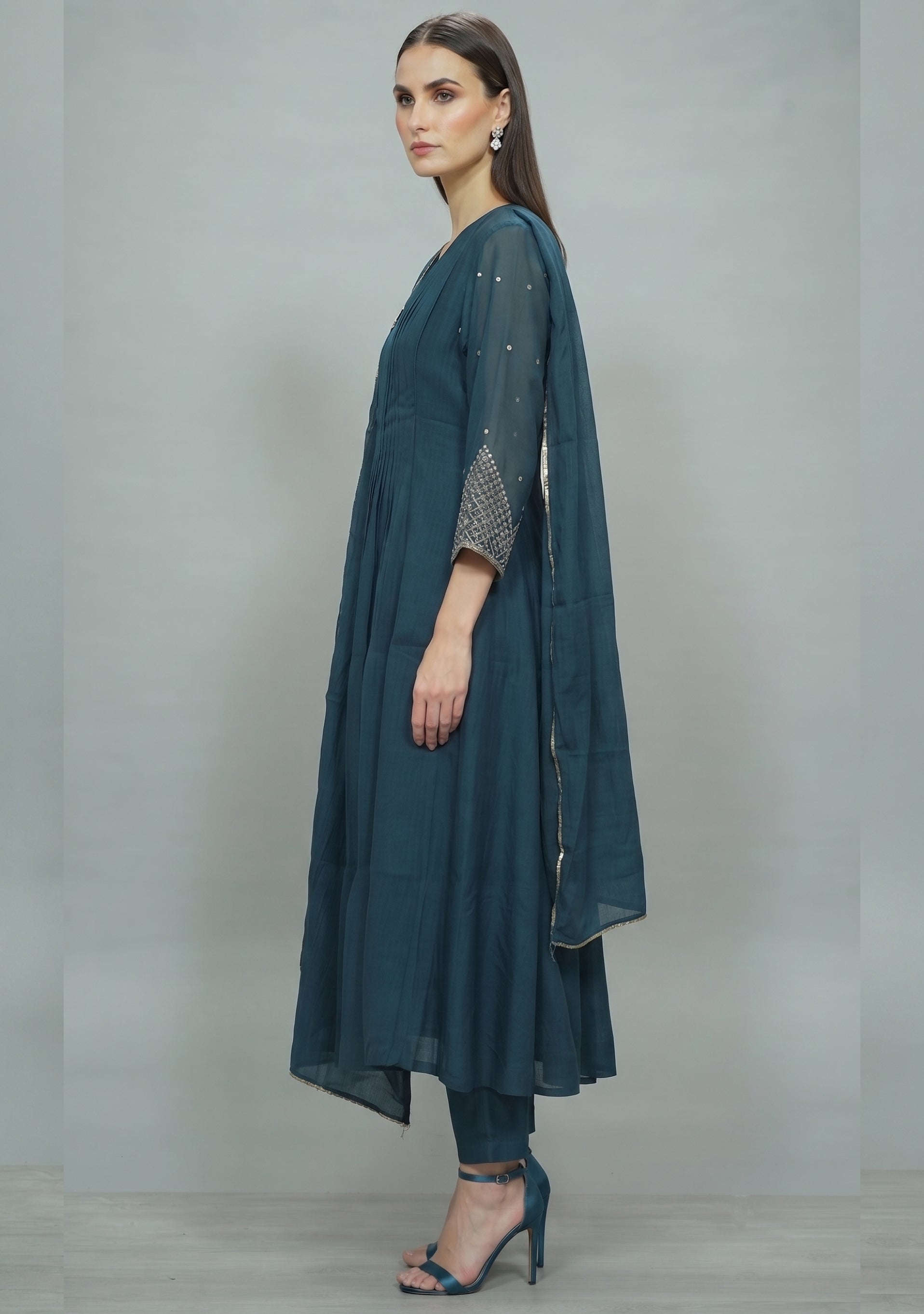 Petrol Blue Chanderi Handcrafted Gathered Suit Set