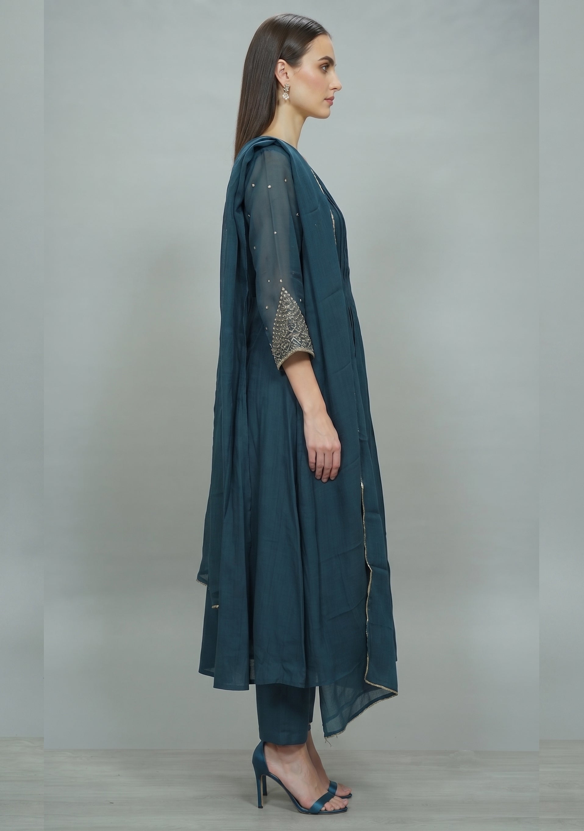 Petrol Blue Chanderi Handcrafted Gathered Suit Set