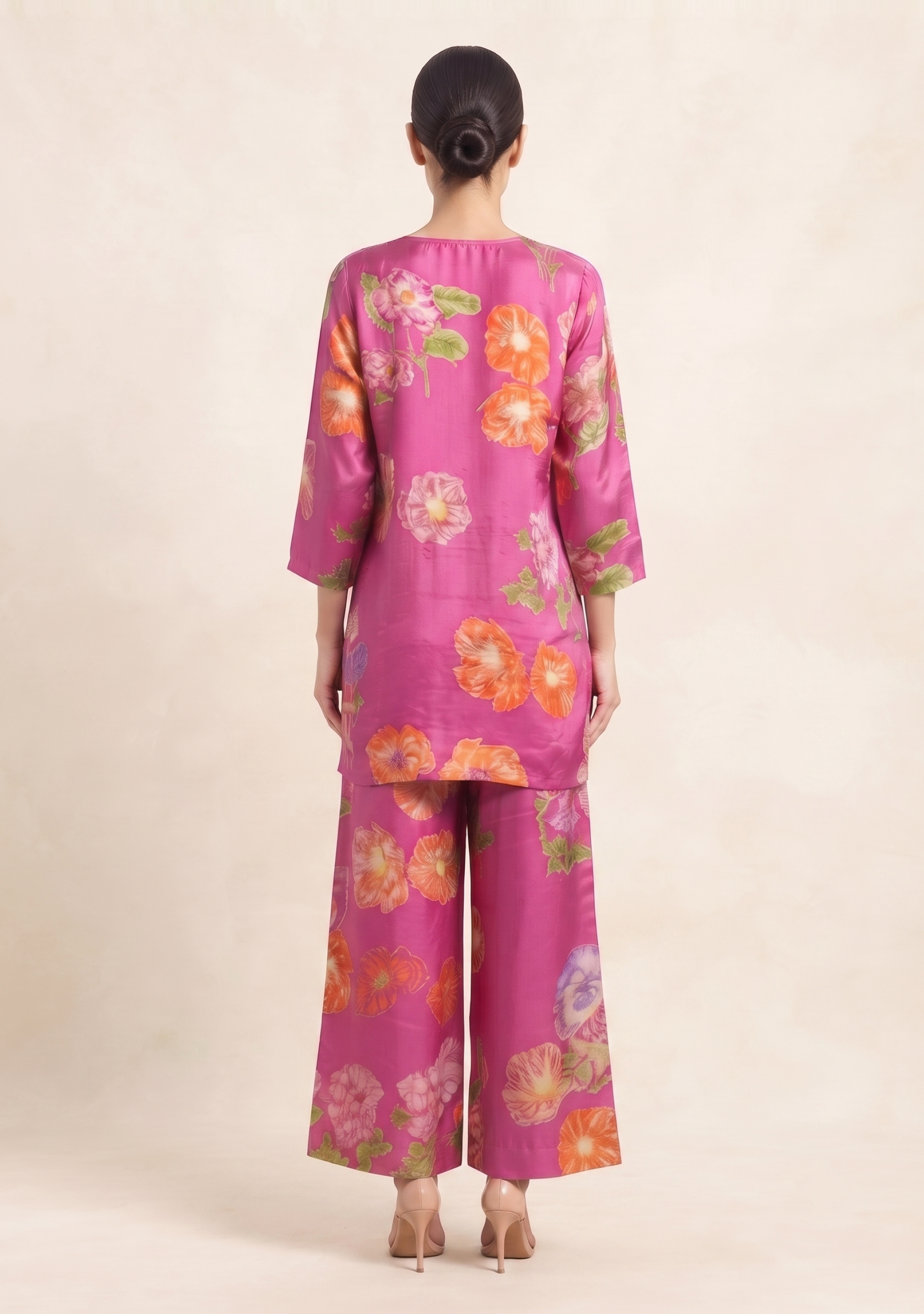 Pink Floral Printed Crepe Garara 3pc Suit Set
