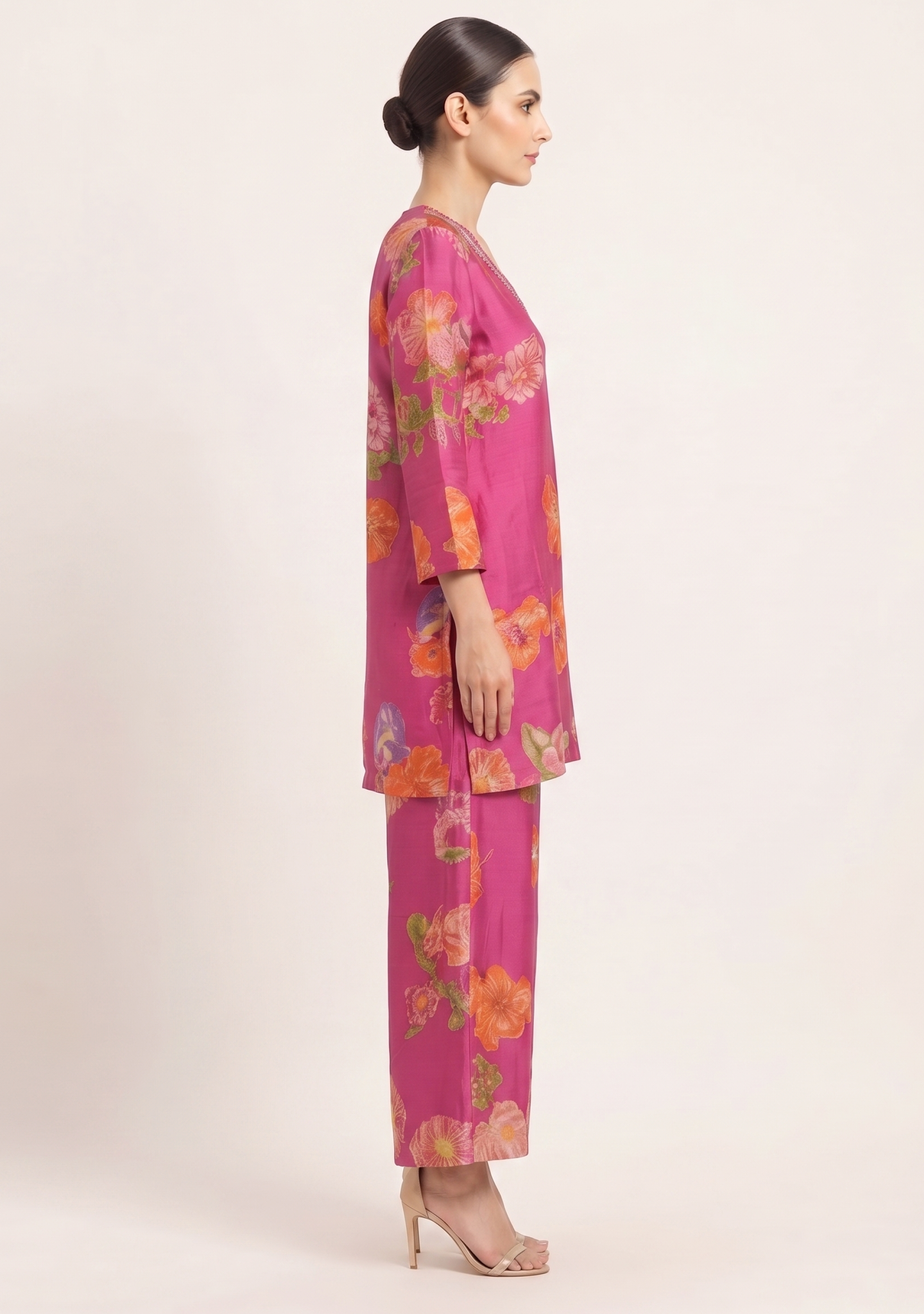 Pink Floral Printed Crepe Garara 3pc Suit Set
